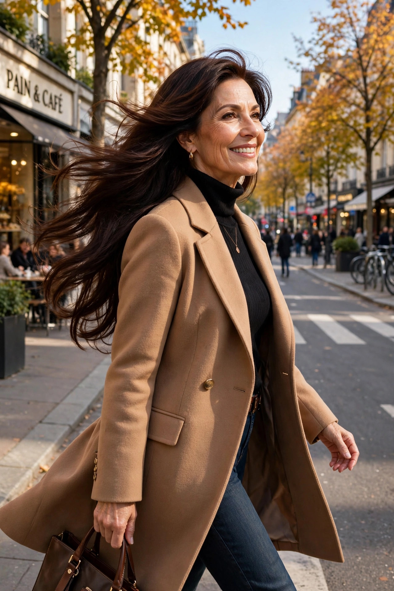 medium length hairstyles for women over 50 with side-swept long layers in chocolate brown