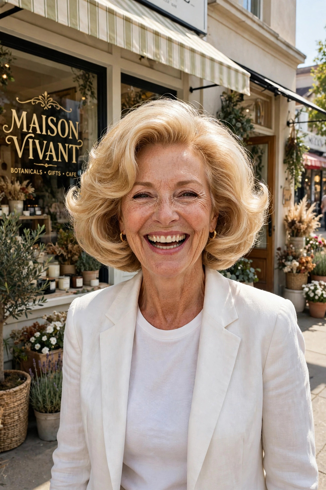 medium length hairstyles for women over 50 with a voluminous honey blonde blowout bob