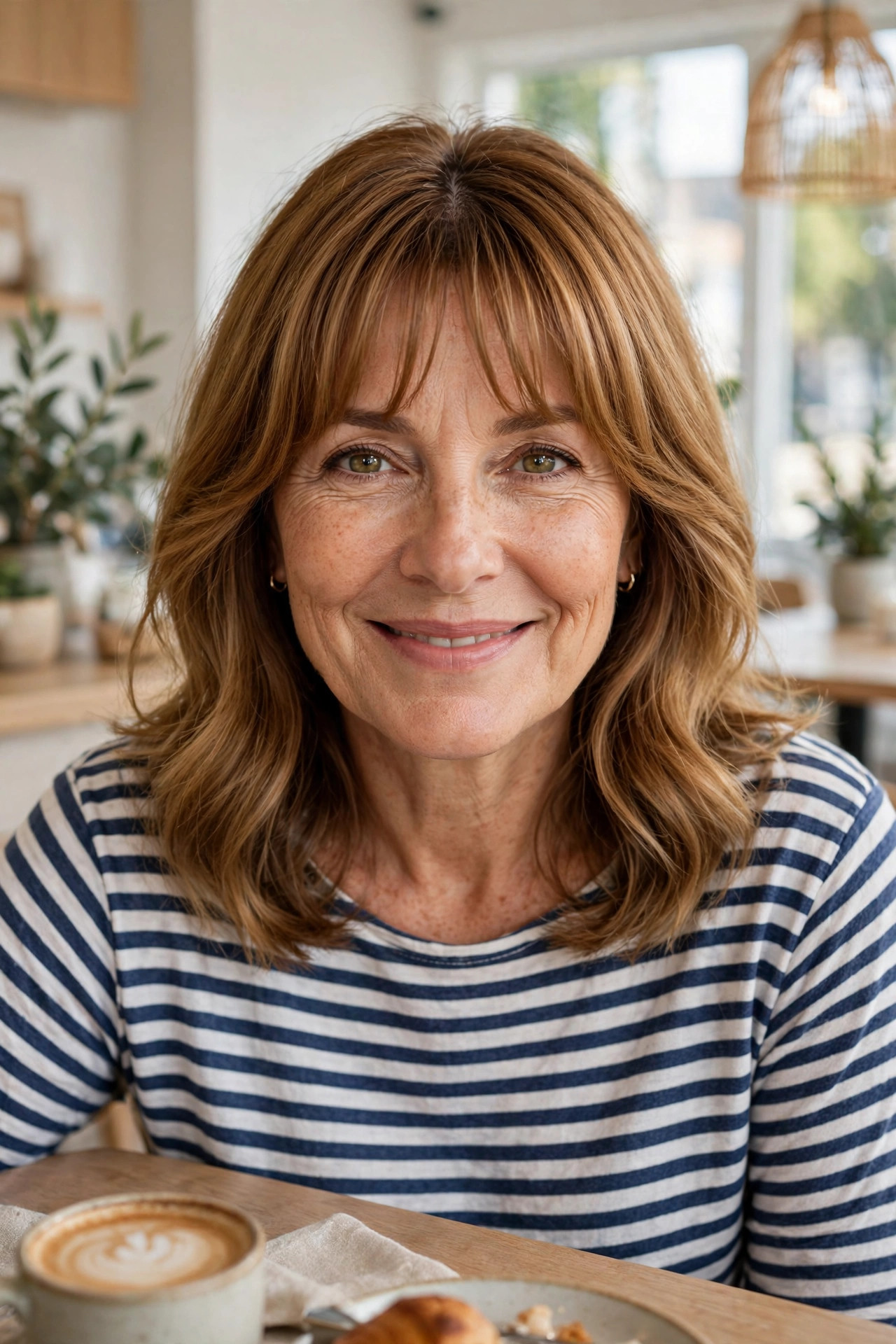 medium length hairstyles for women over 50 with curtain bangs and caramel shoulder cut