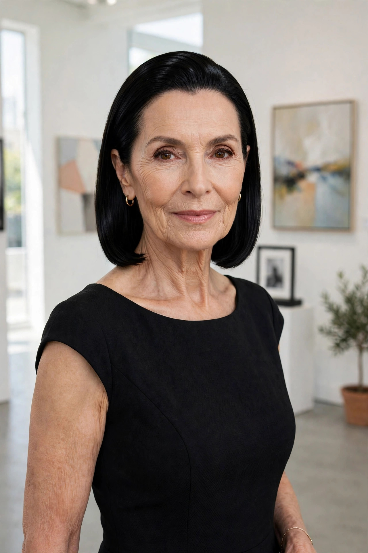 medium length hairstyles for women over 50 with a polished sleek jet black lob