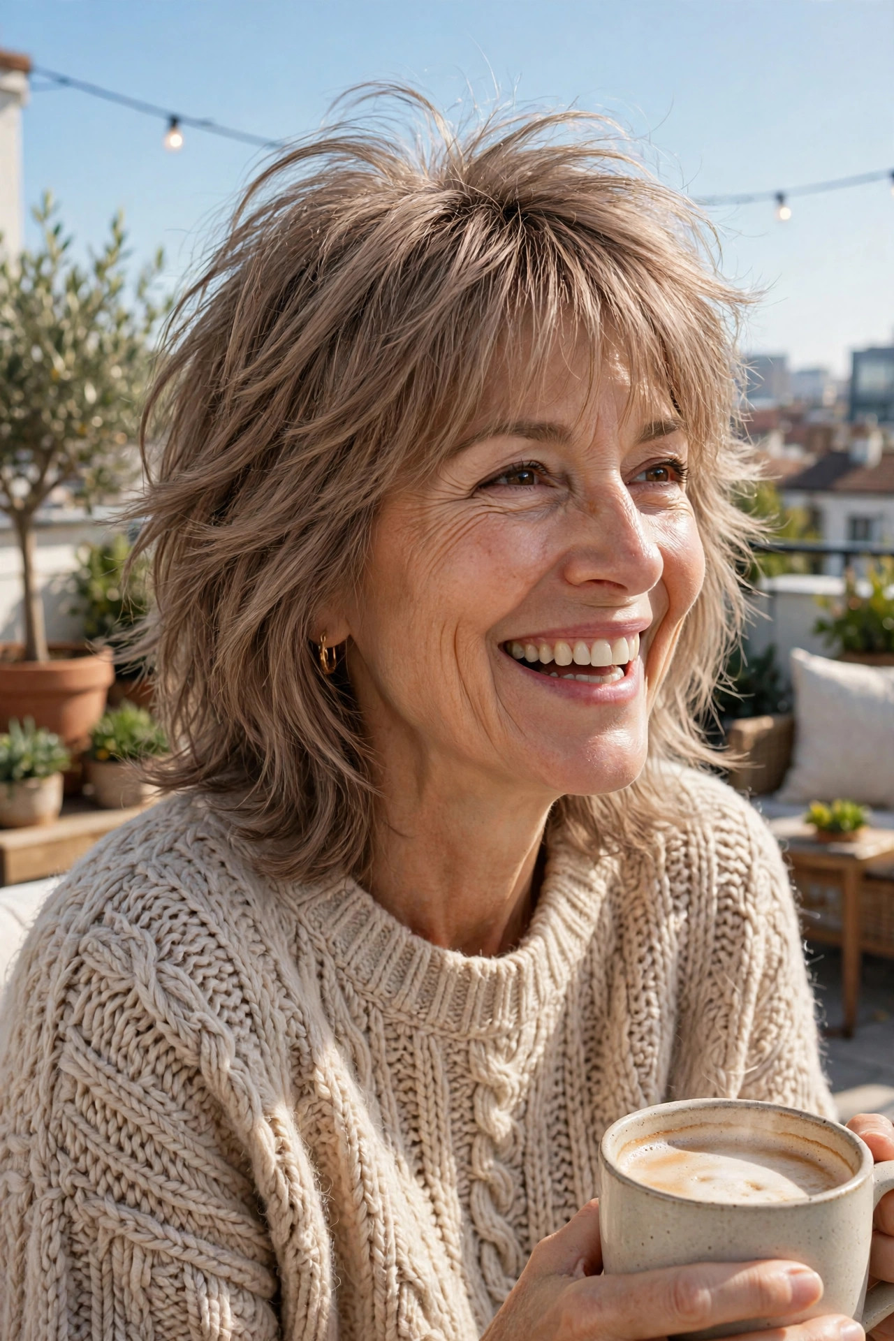 Woman in her late fifties with a wispy feathered shag haircut in ash brown