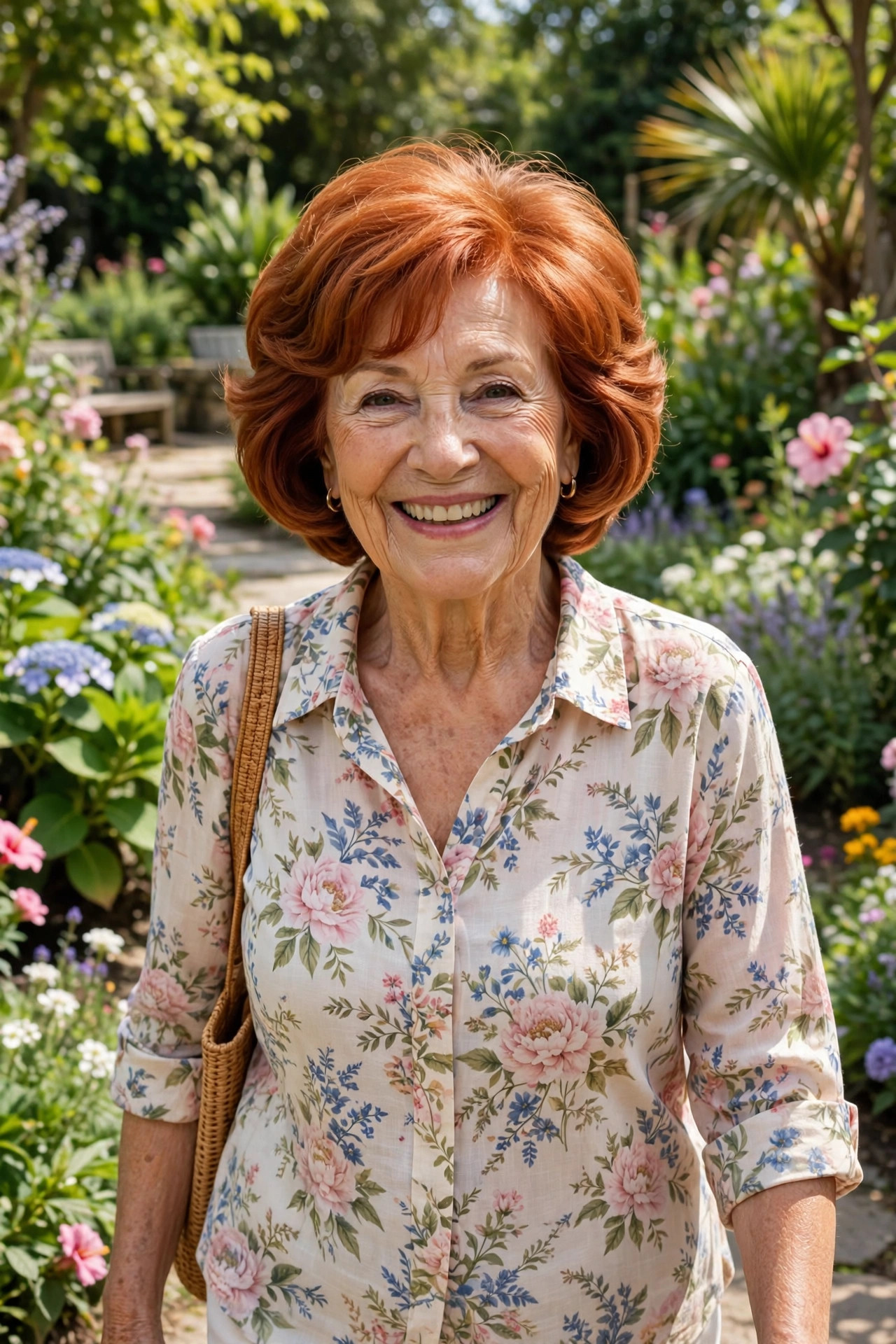 Woman in her sixties with a rounded layered copper bob haircut
