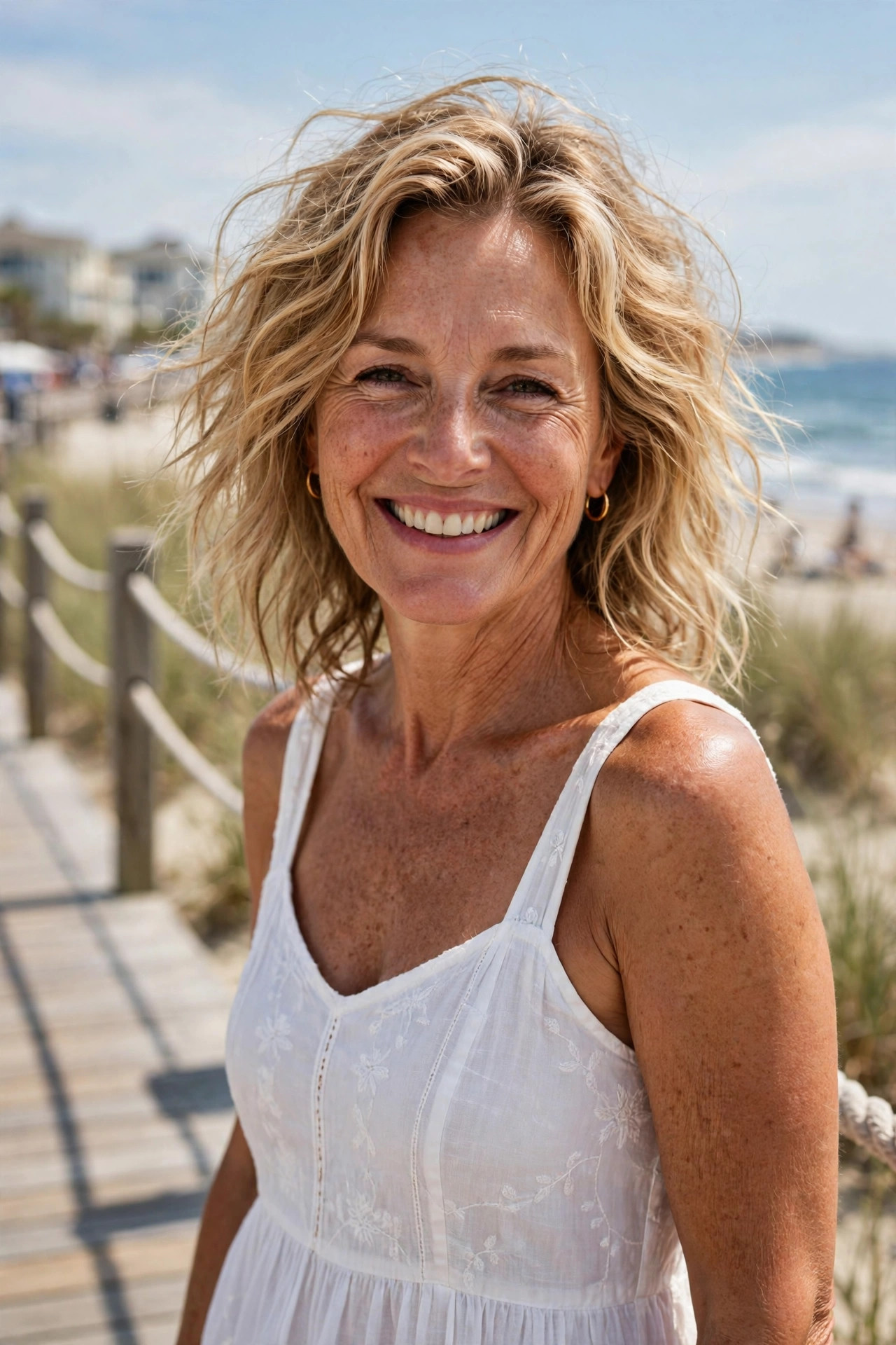 Woman in her fifties with effortless beach waves in sandy blonde