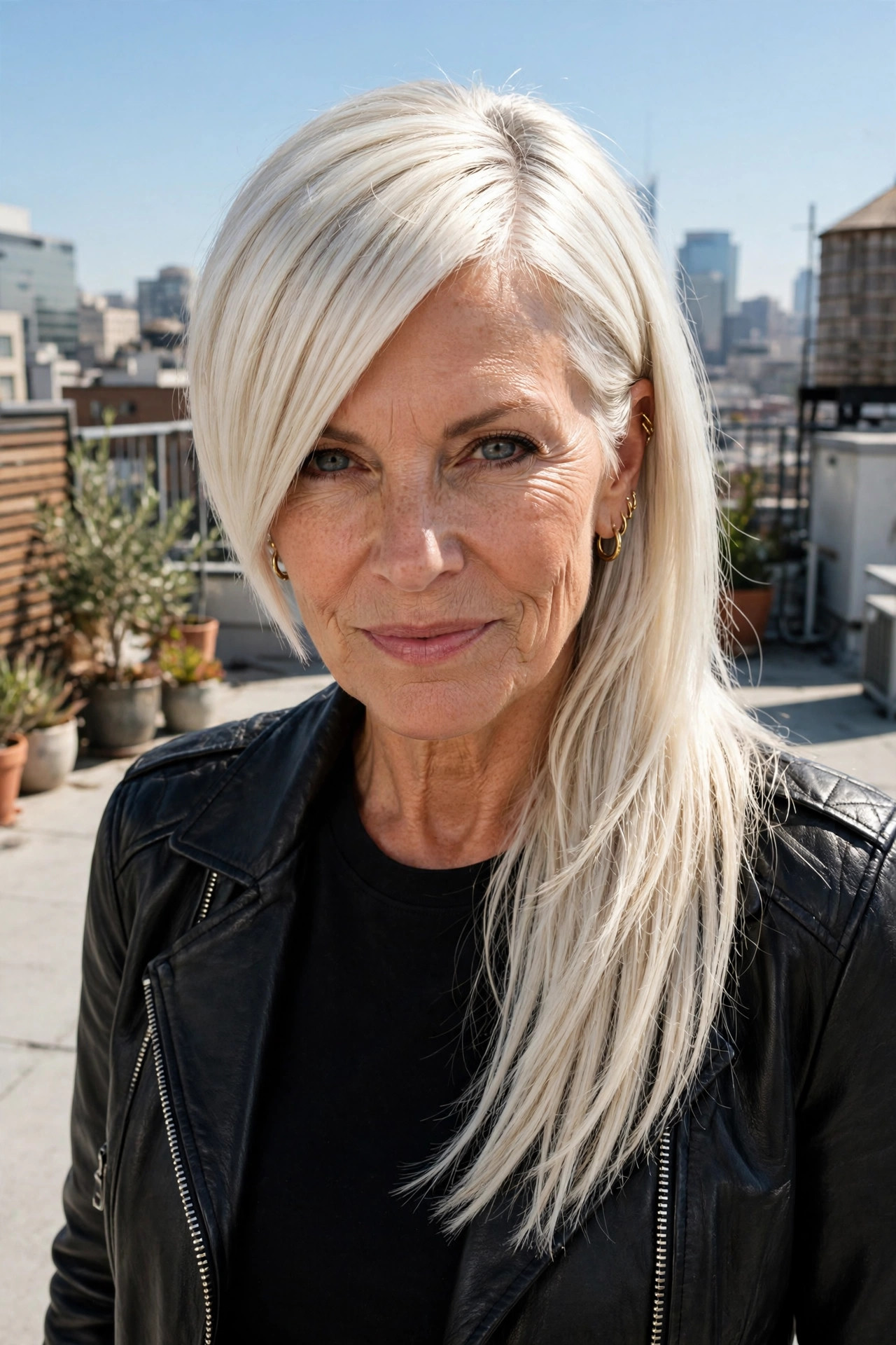 Woman in her fifties with an asymmetric platinum blonde shoulder cut