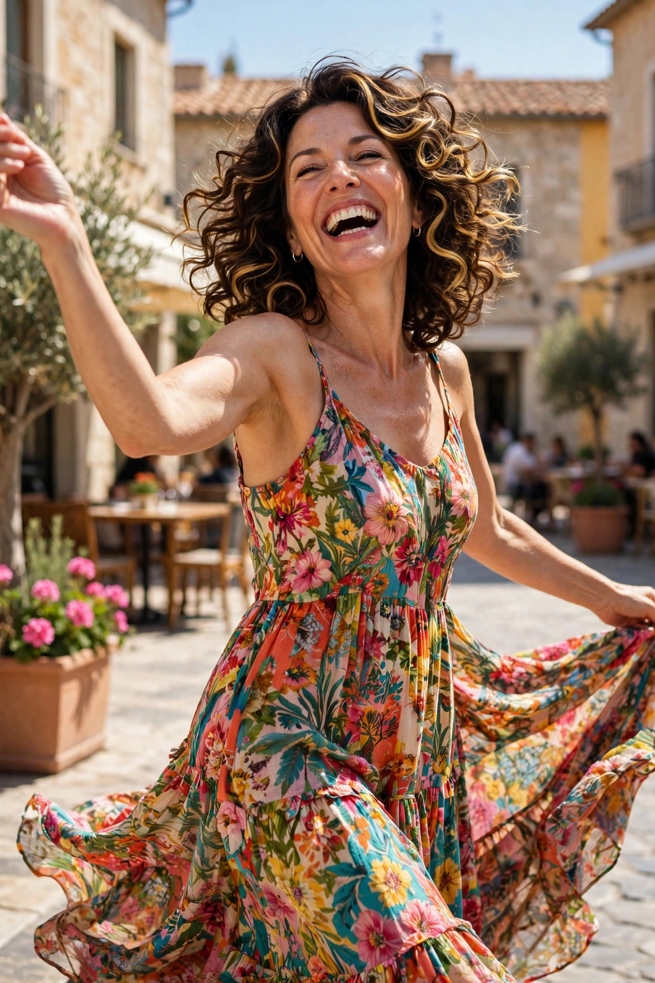 Woman in her fifties with curly shoulder-length layered dark brown hair