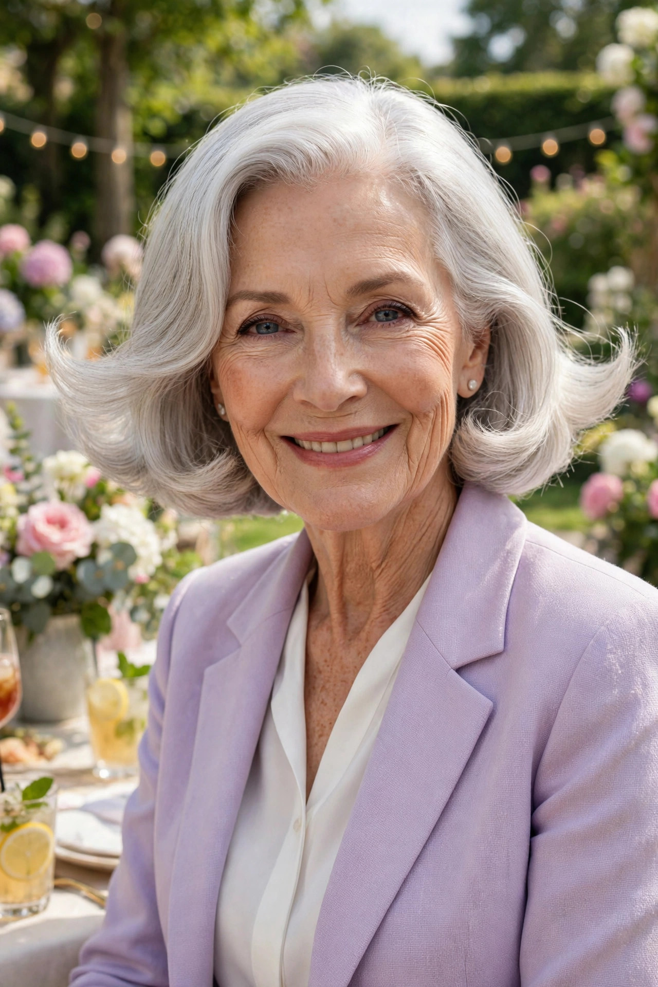 Woman in her sixties with an elegant silver flip-out hairstyle