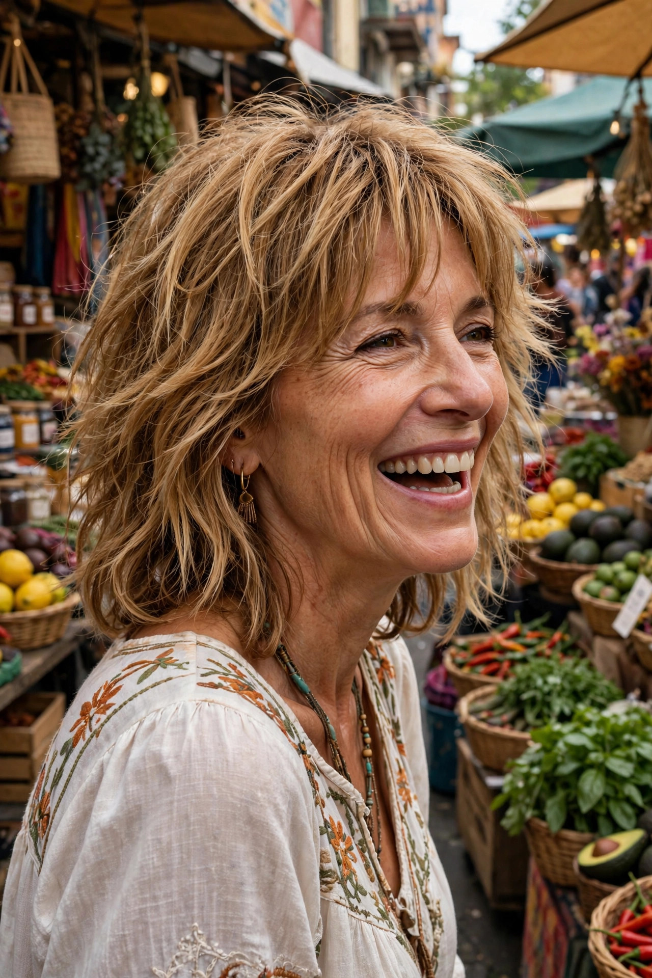 Woman in her fifties with a tousled mid-length shag in honey blonde