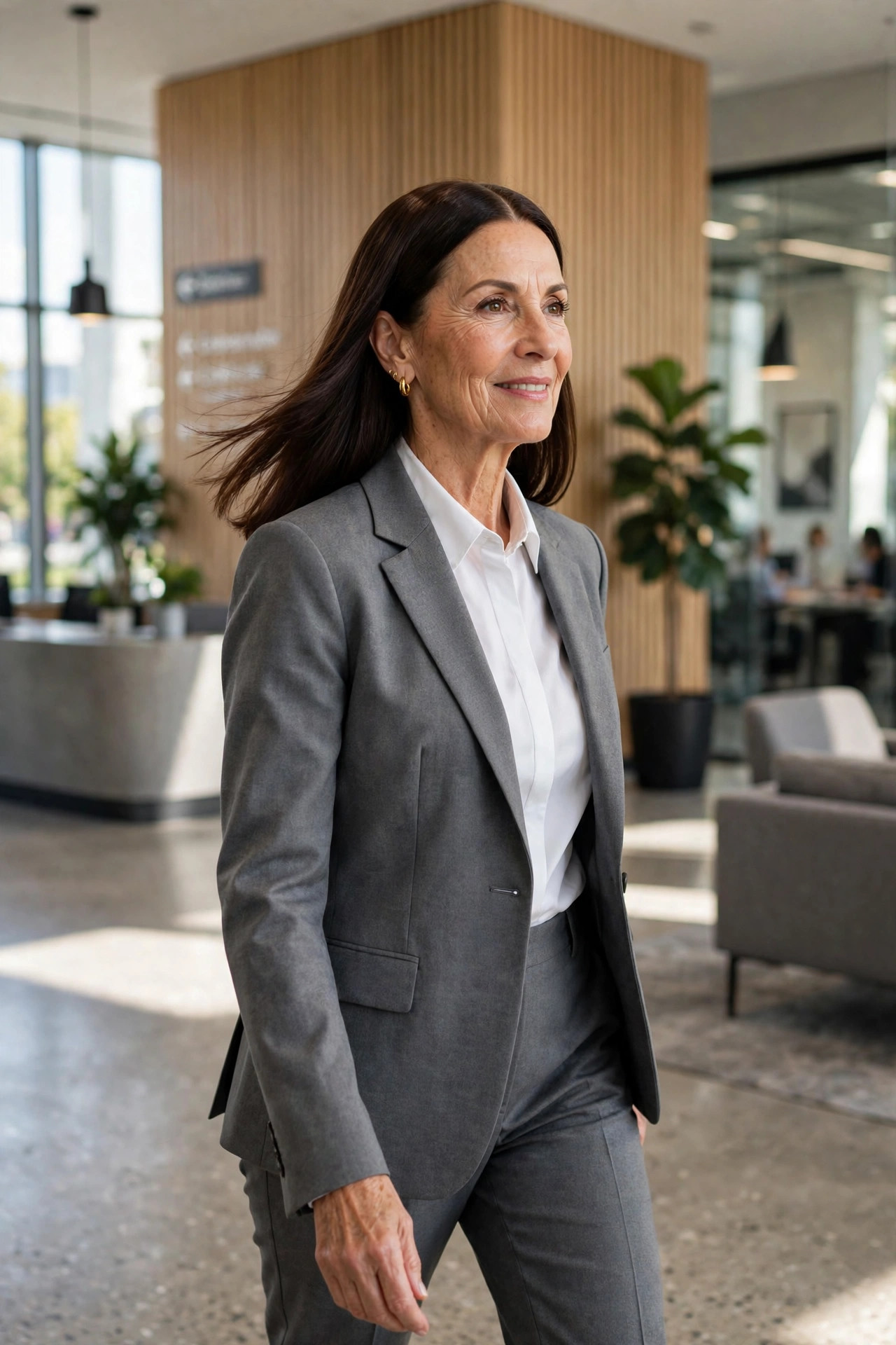 Woman in her late fifties with a smooth straight espresso lob haircut