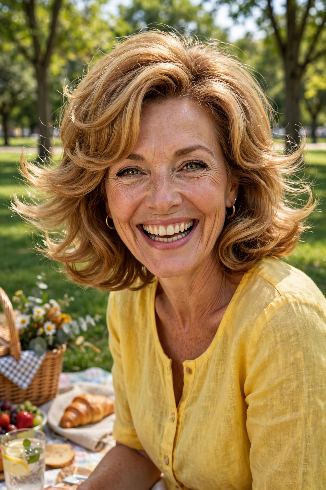 Woman in her fifties with a bouncy layered flip haircut in golden caramel