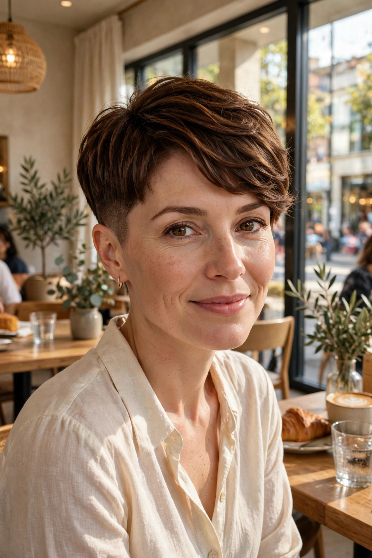 Classic tapered pixie cut shaved sides with chestnut layers