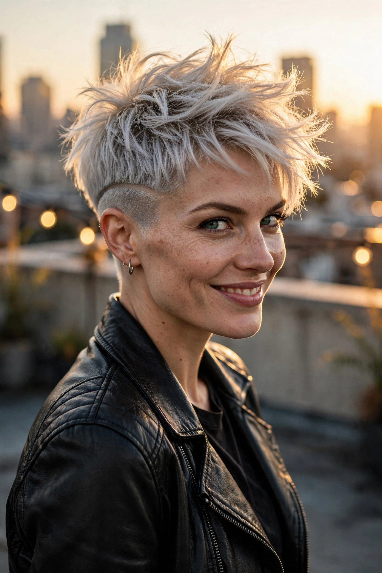 Platinum textured pixie cut shaved sides with choppy layers