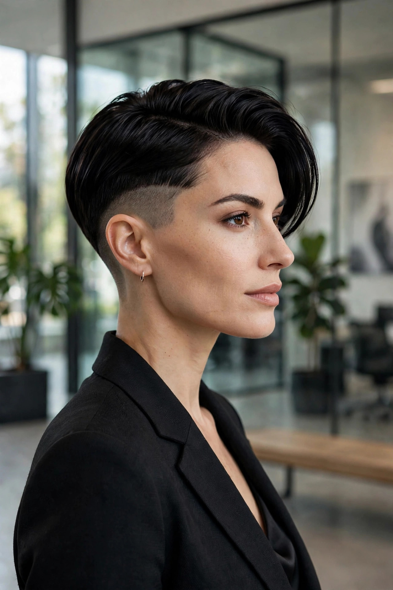 Sleek side-swept pixie cut shaved sides with glossy finish