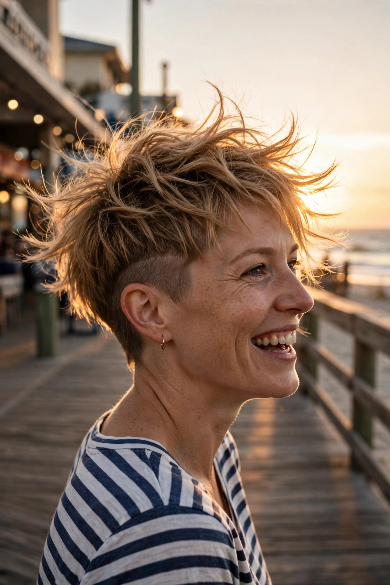 Choppy honey-blonde pixie cut shaved sides with soft blend