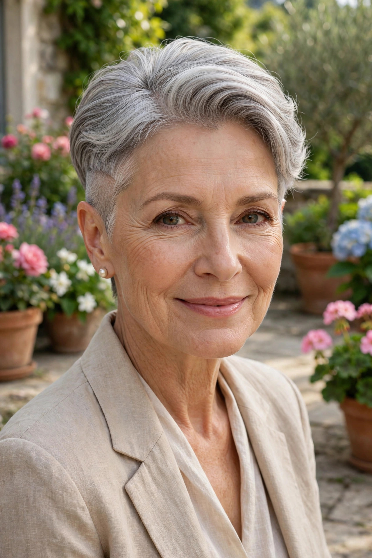 Silver long-top pixie cut shaved sides with elegant volume