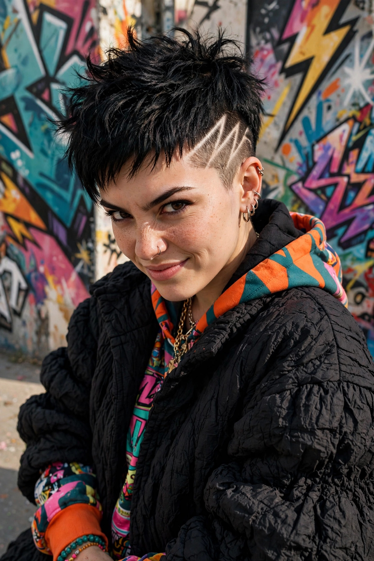 Bold pixie cut shaved sides with an etched lightning design