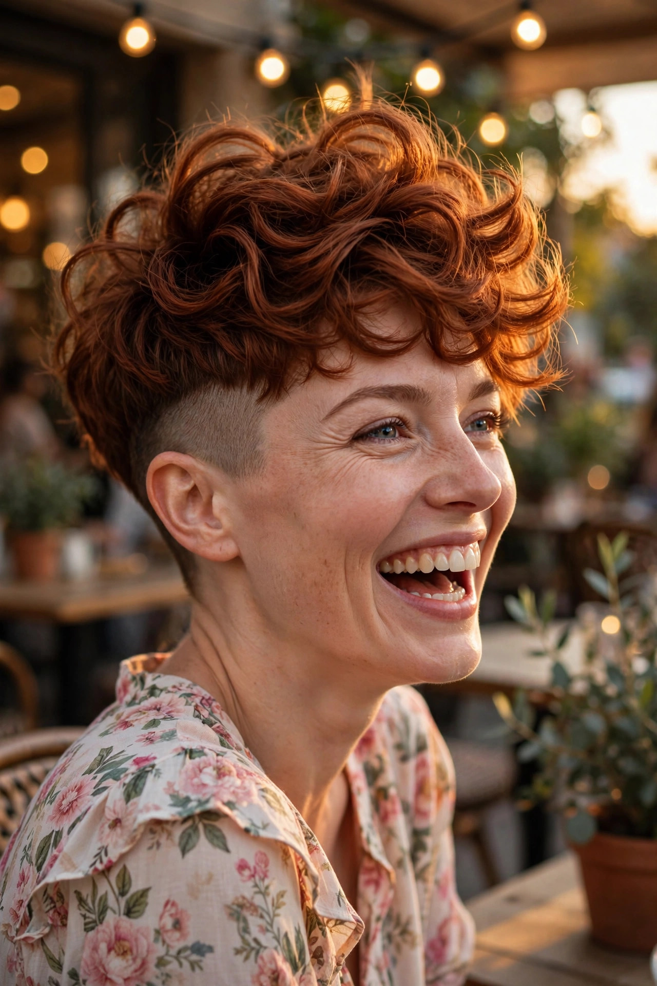 Wavy auburn pixie cut shaved sides with crown volume