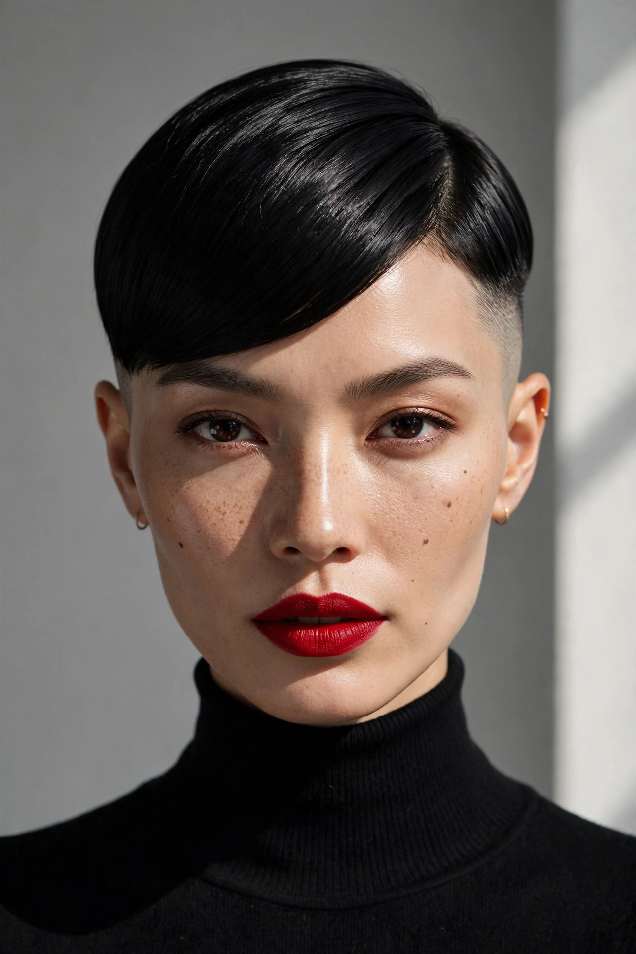 Jet-black sleek pixie with a seamless fade and deep side part