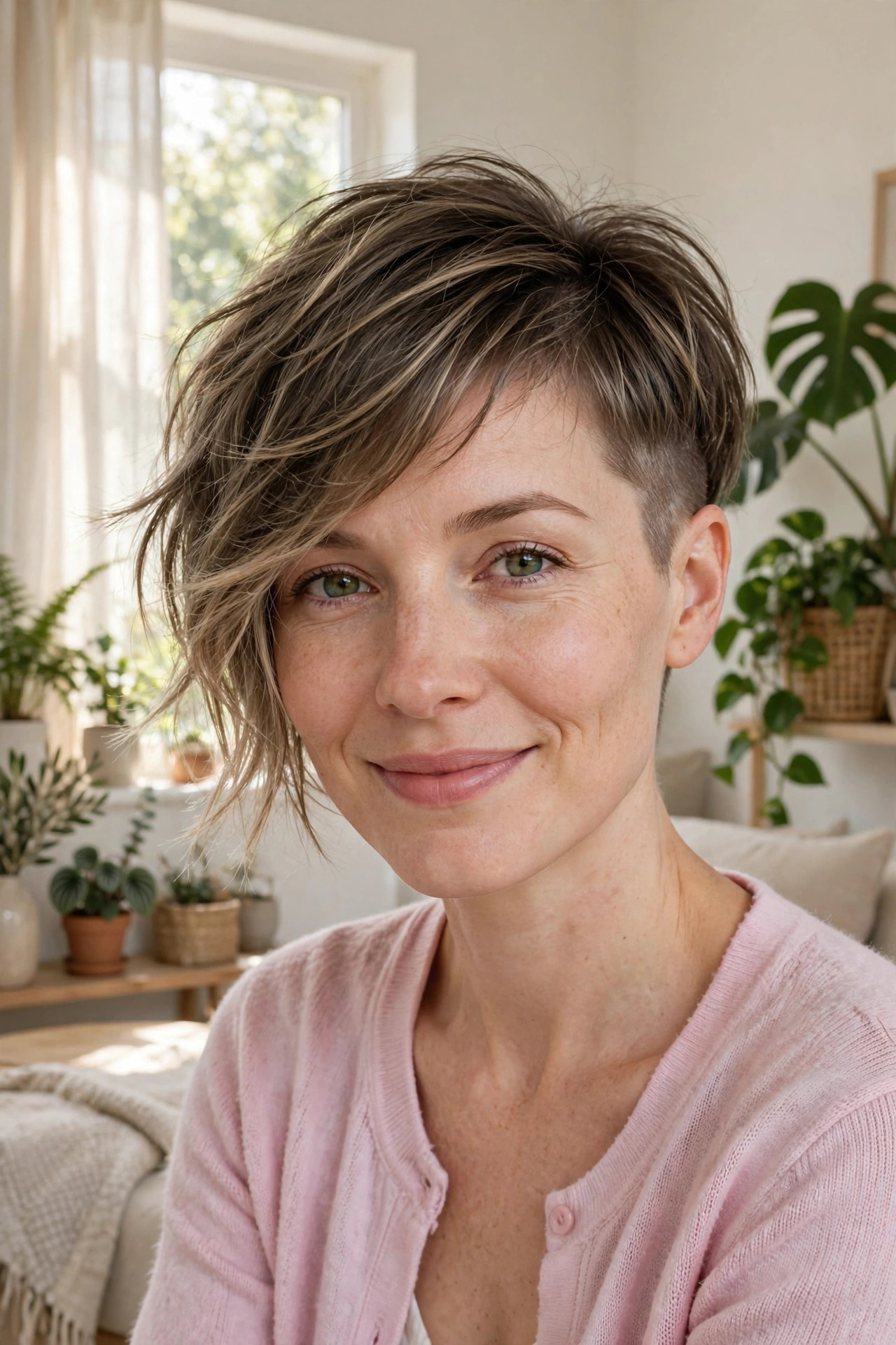 Soft feathered pixie with one blended shaved side