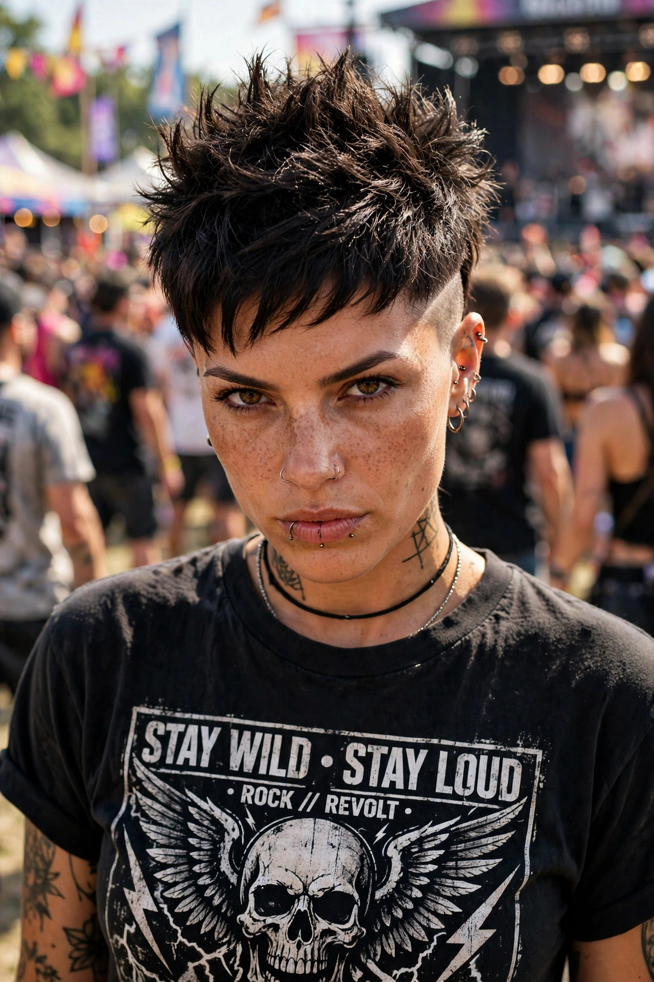 Faux hawk pixie with shaved sides and spiky espresso texture