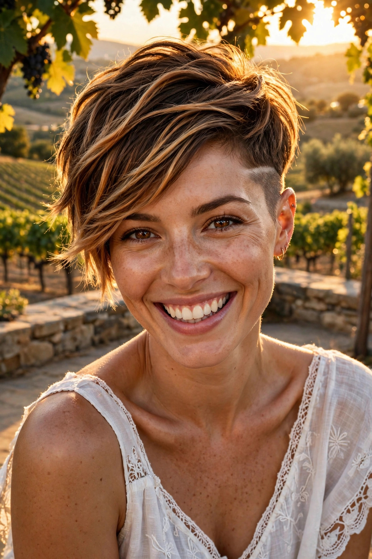 Caramel balayage pixie with an undercut shaved side