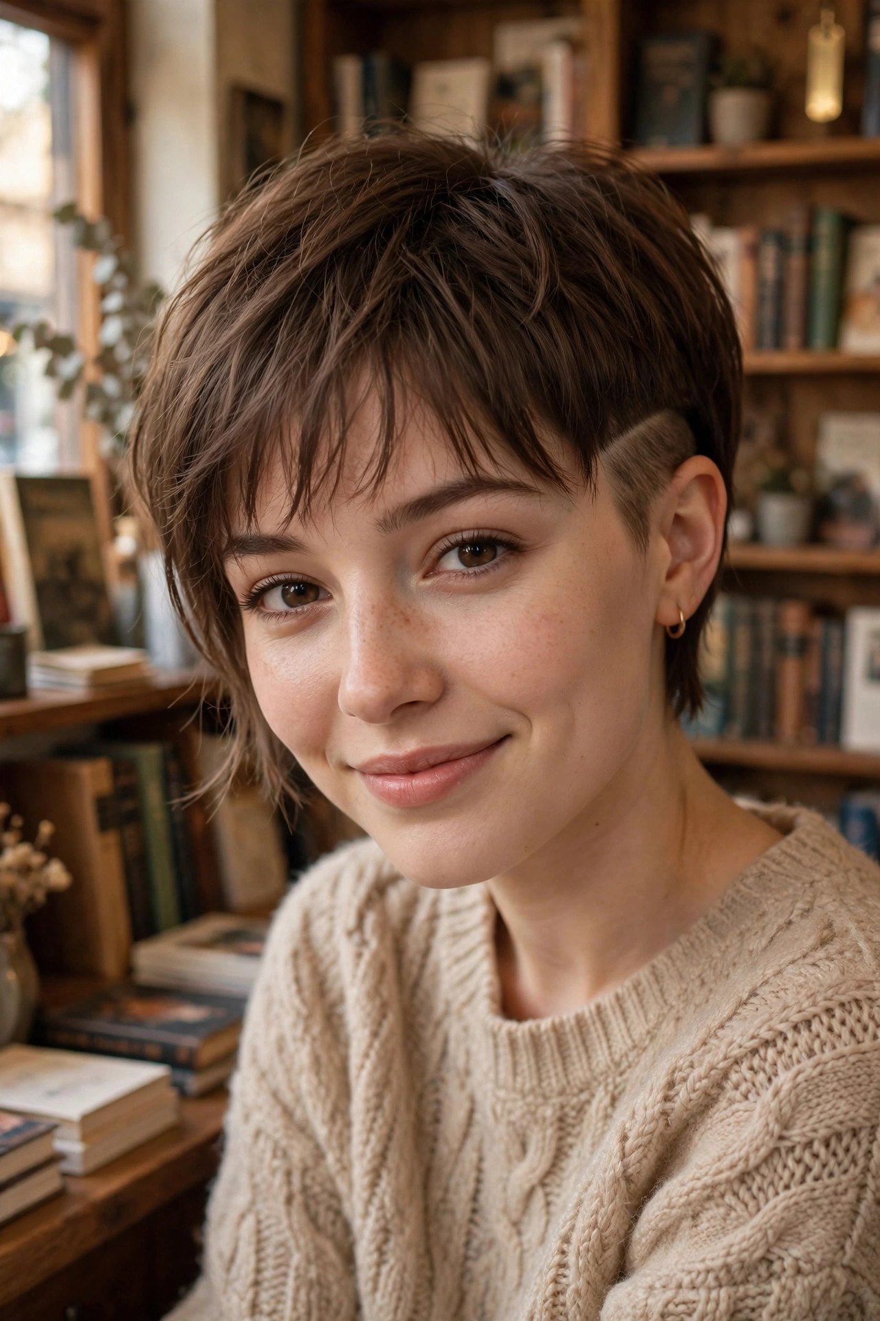 Pixie with wispy bangs and one shaved side