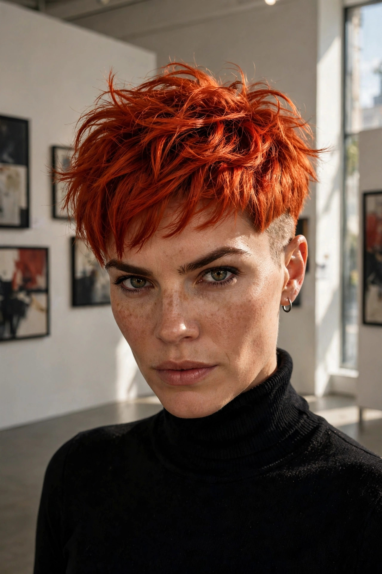 Tousled red pixie crop with shaved sides