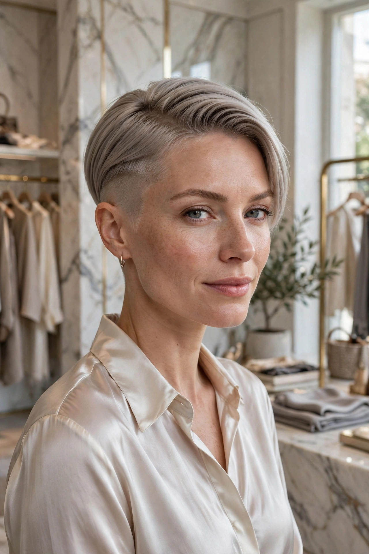 Ash-blonde sleek pixie with a smooth faded side