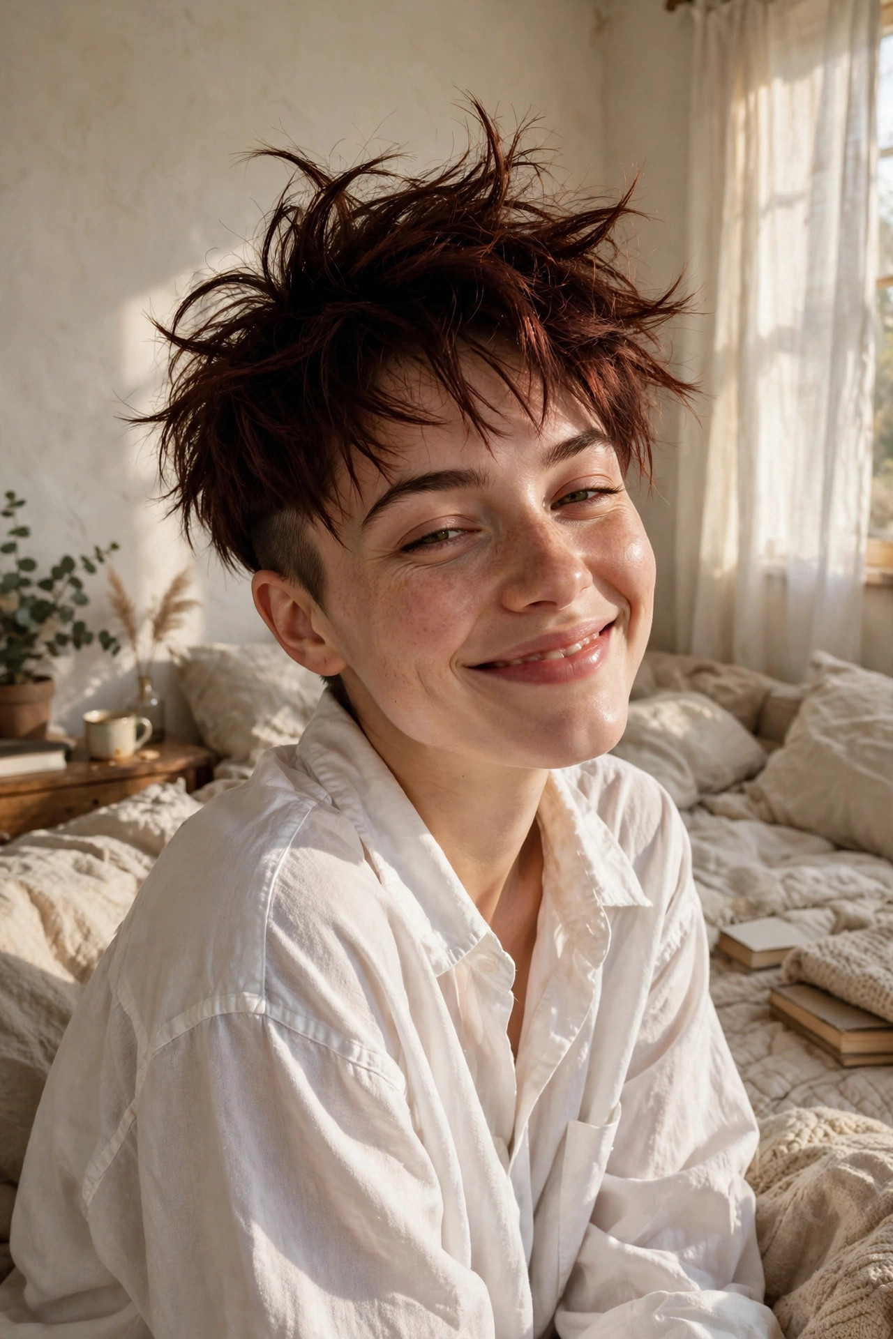 Messy bedhead pixie cut shaved sides with tousled auburn layers