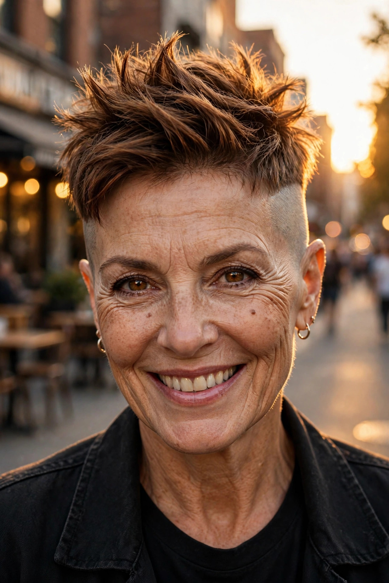Edgy faux hawk pixie cut with shaved sides in warm chestnut on a smiling woman