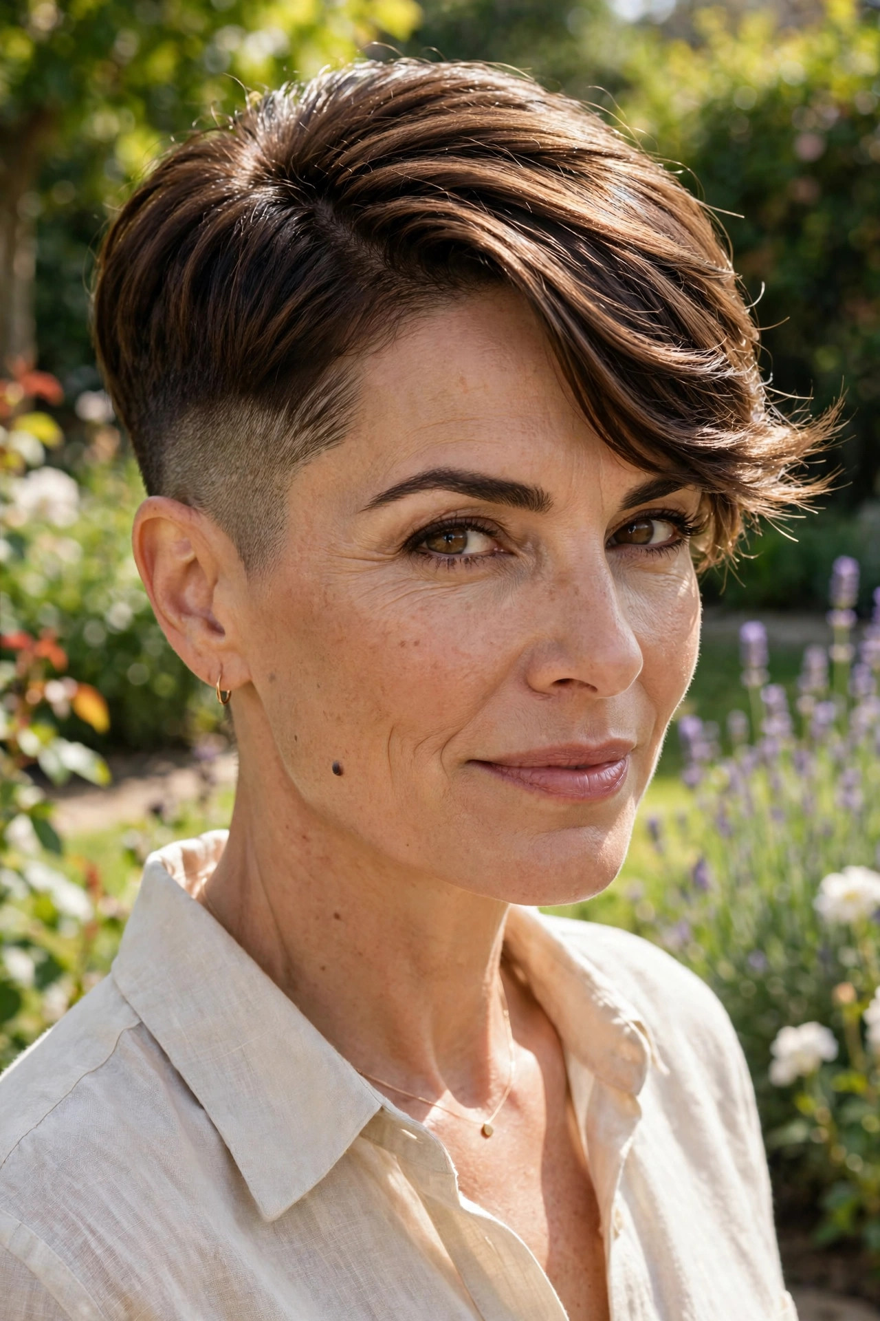 Elegant tapered side fade pixie cut with shaved sides in espresso brown