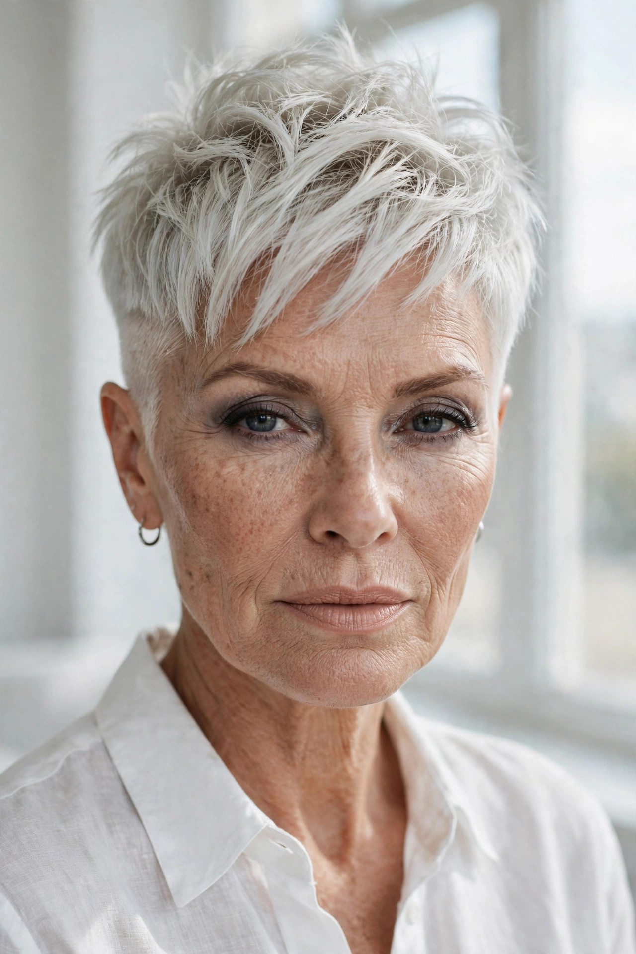 Platinum textured pixie cut with shaved sides and choppy icy layers