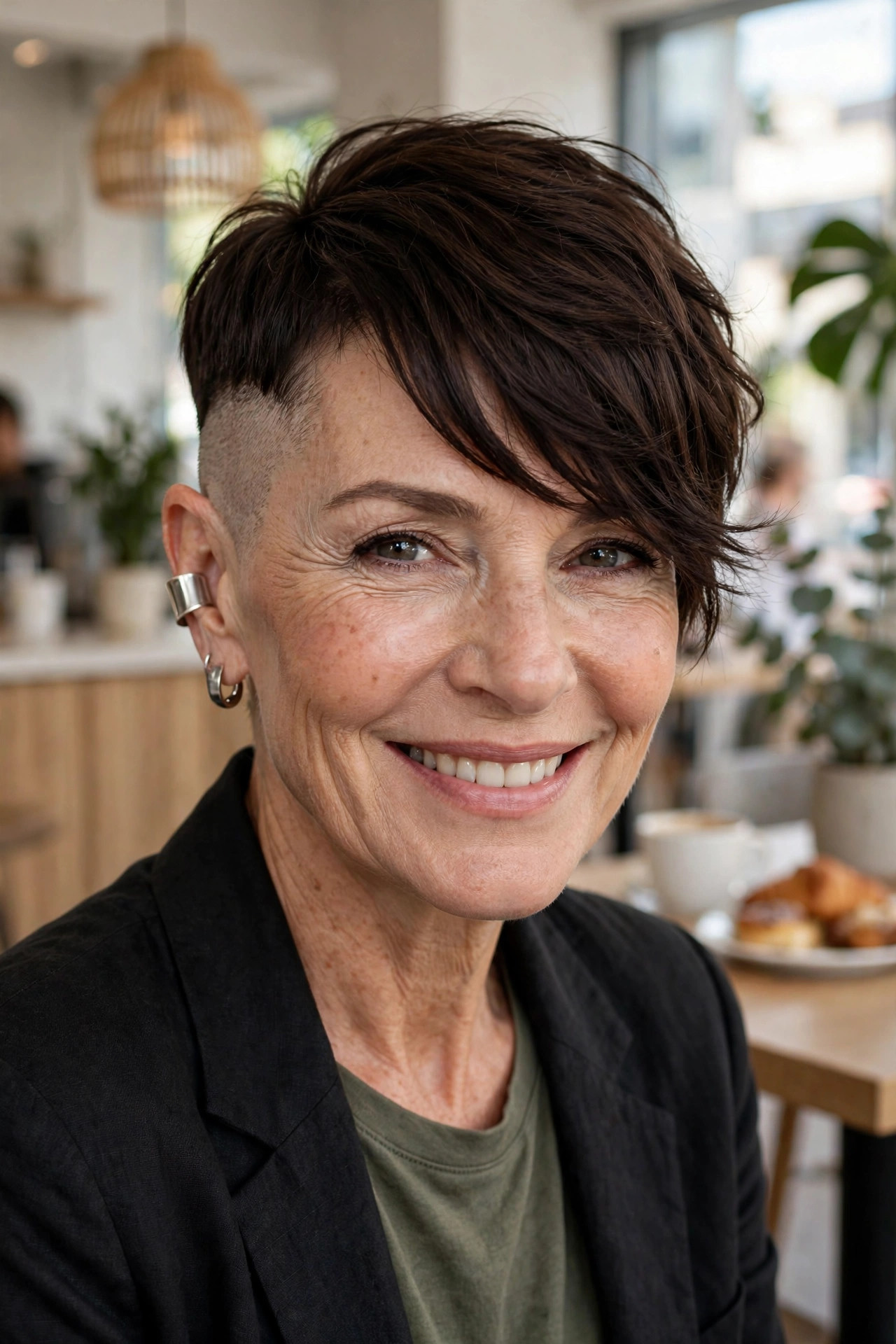 Asymmetric pixie cut with shaved sides, one side buzzed and one swept long