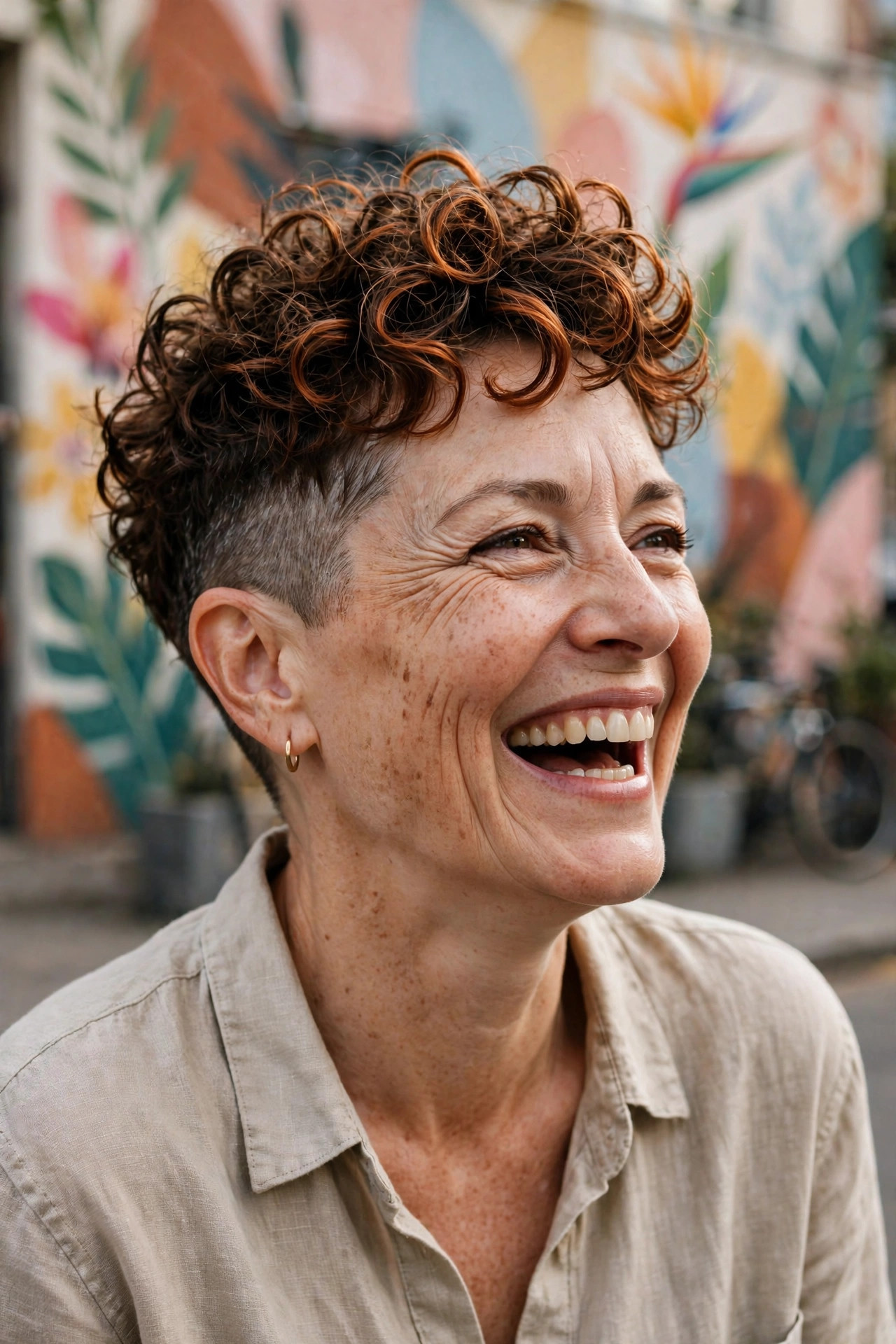 Curly undercut pixie cut with shaved sides and copper-highlighted curls