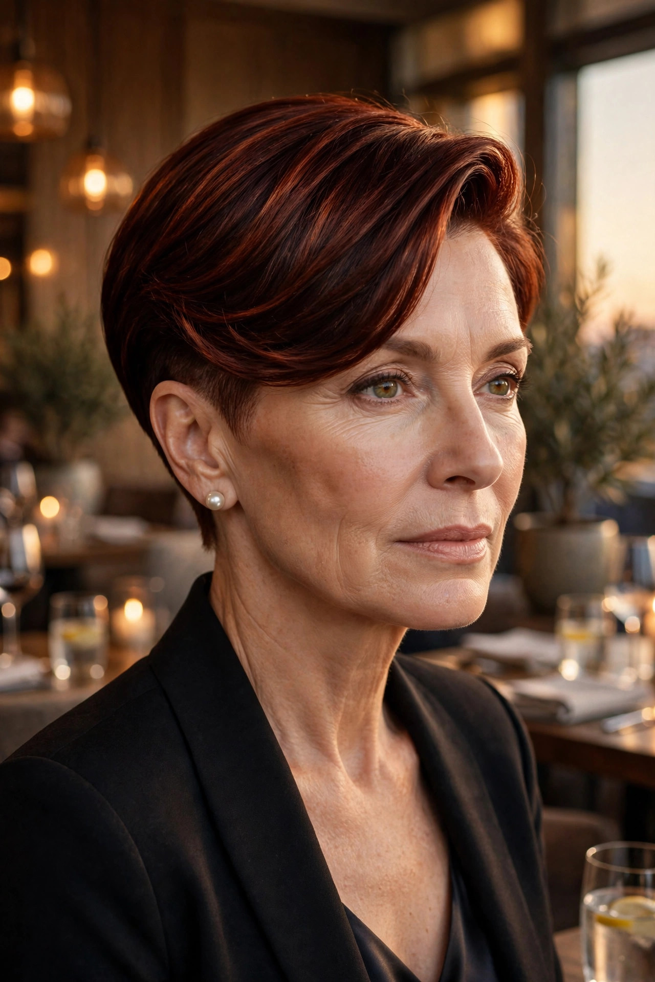 Sleek side-swept pixie cut with shaved sides in deep auburn