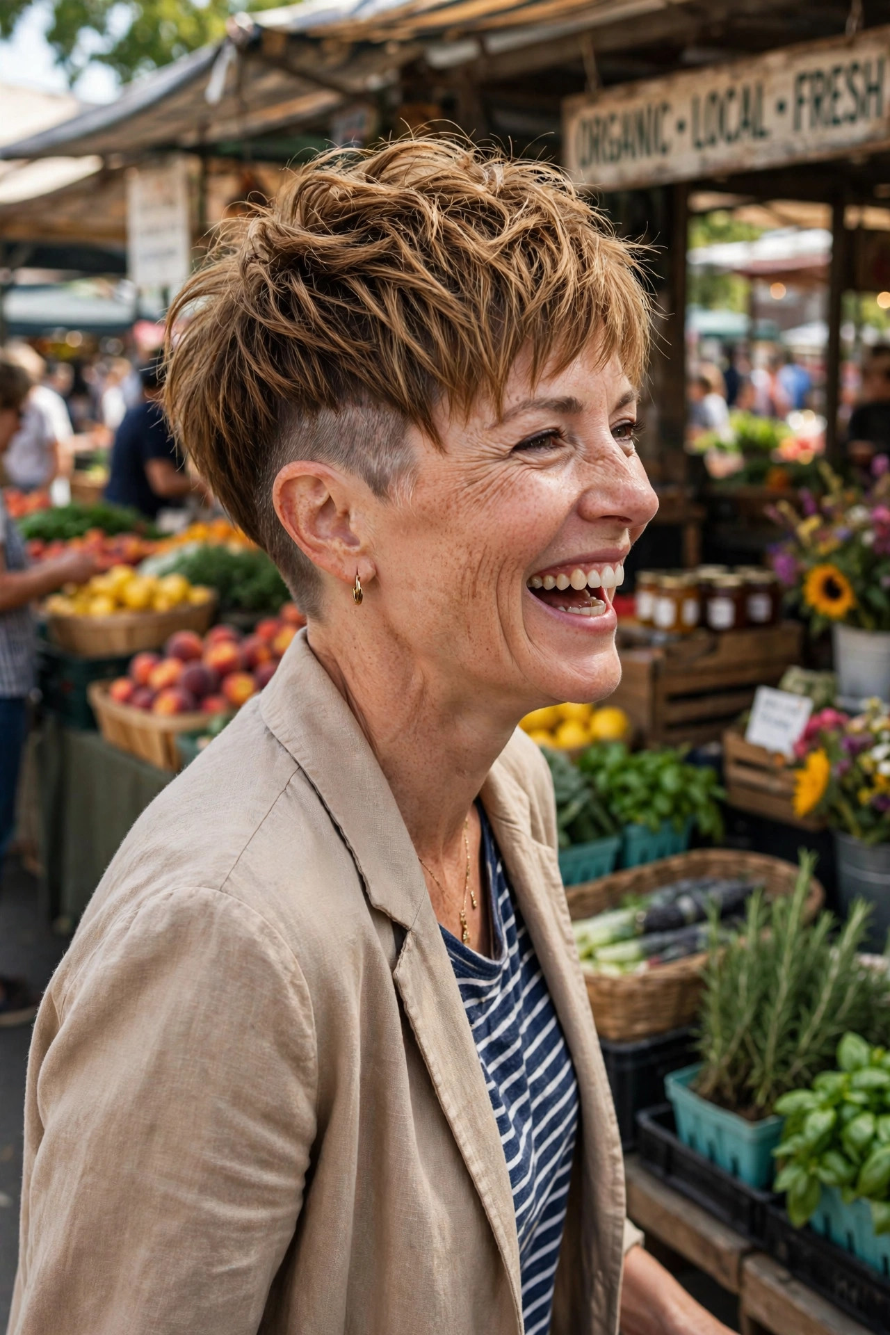 Choppy layered pixie cut with shaved sides in warm honey brown