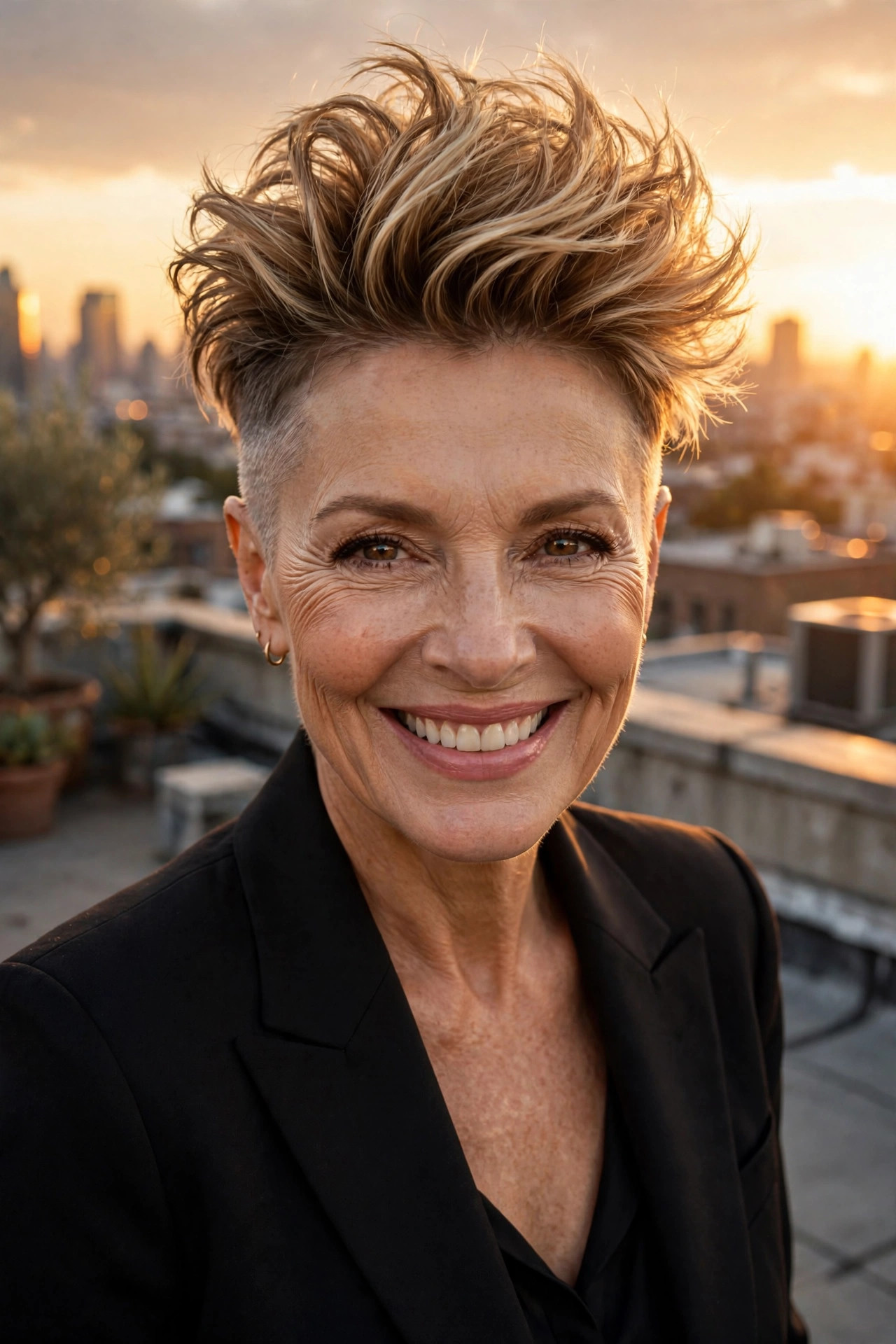 Voluminous pixie cut with shaved sides and a high honey-blonde crown
