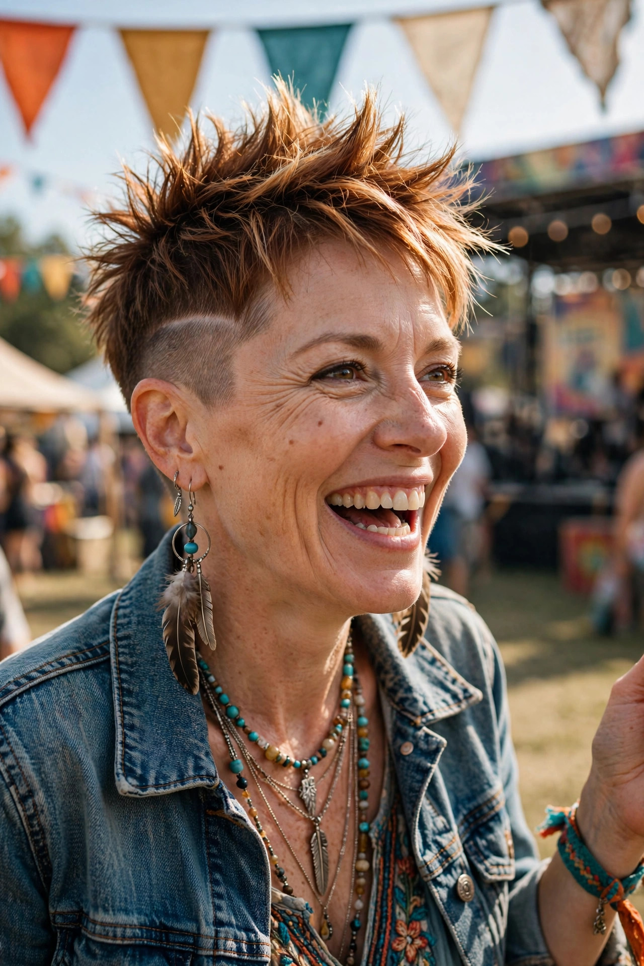 Spiky crown pixie with tight faded sides and warm auburn texture