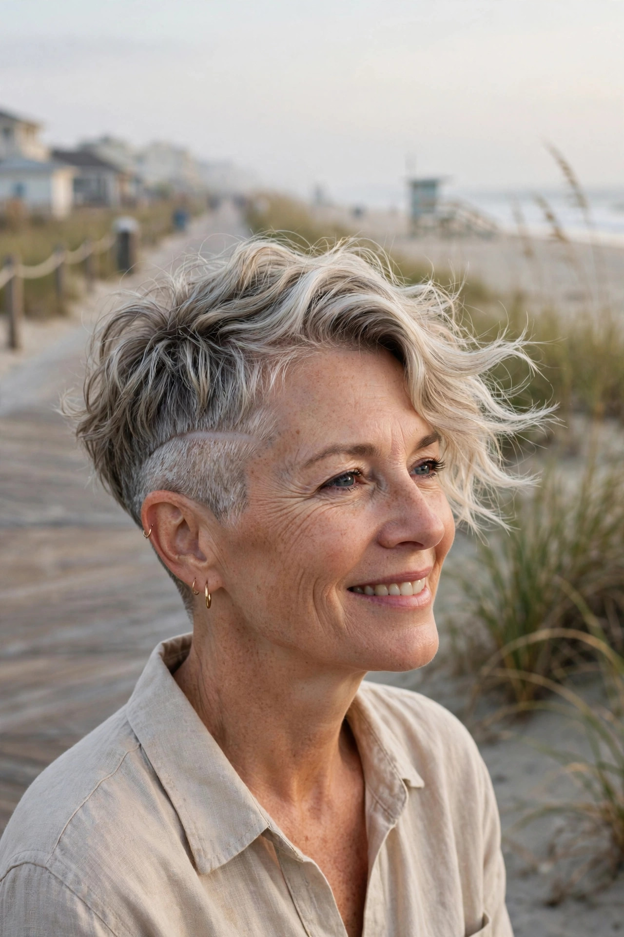 Wavy textured undercut pixie in a silver-blonde blend at the beach