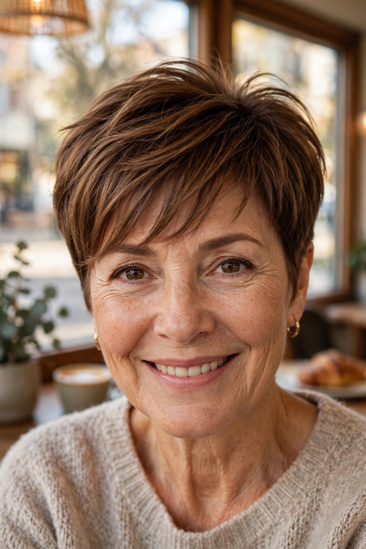 Feathered fringe pixie with soft tapered sides in chestnut brown