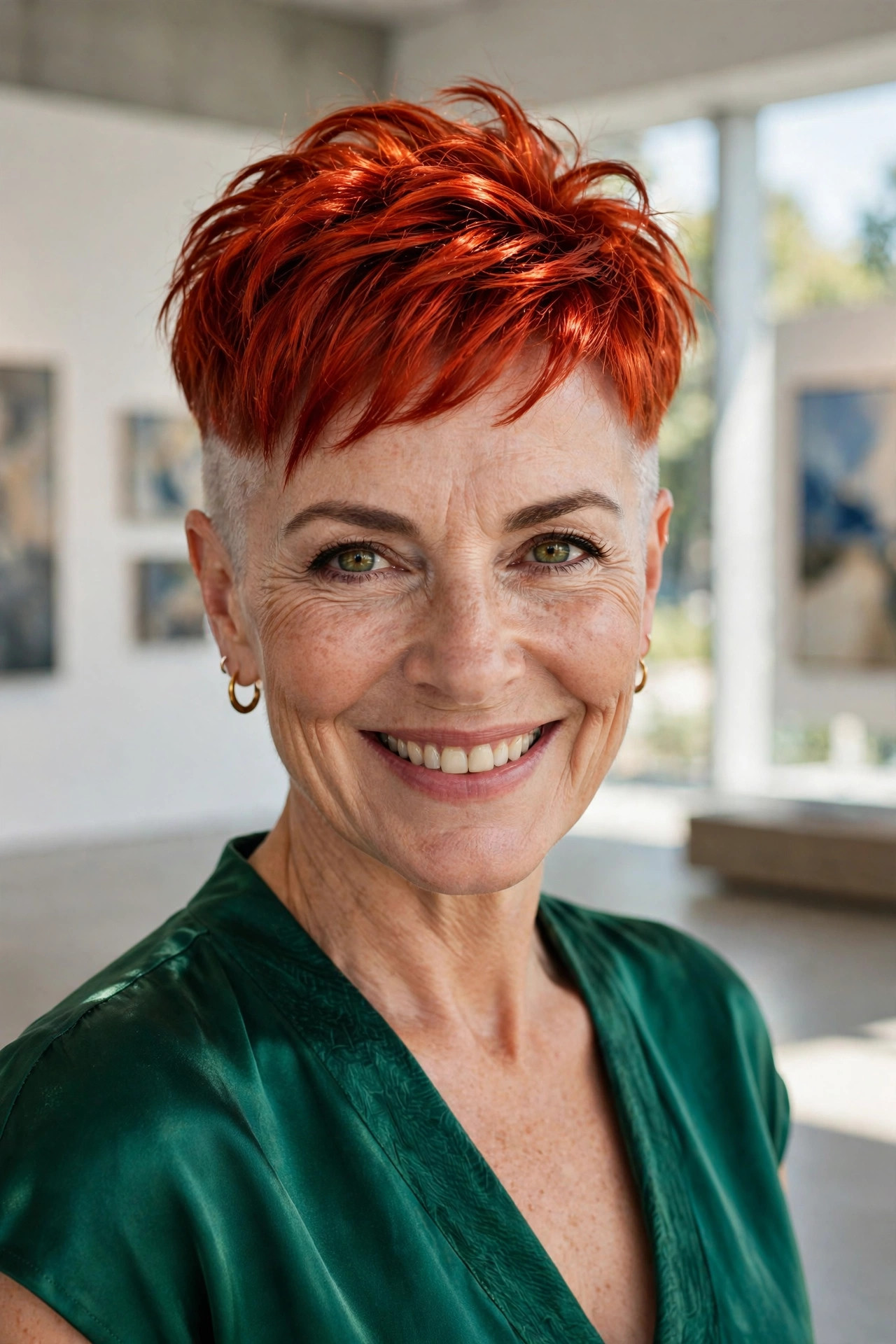 Bold copper-red undercut pixie with close faded sides