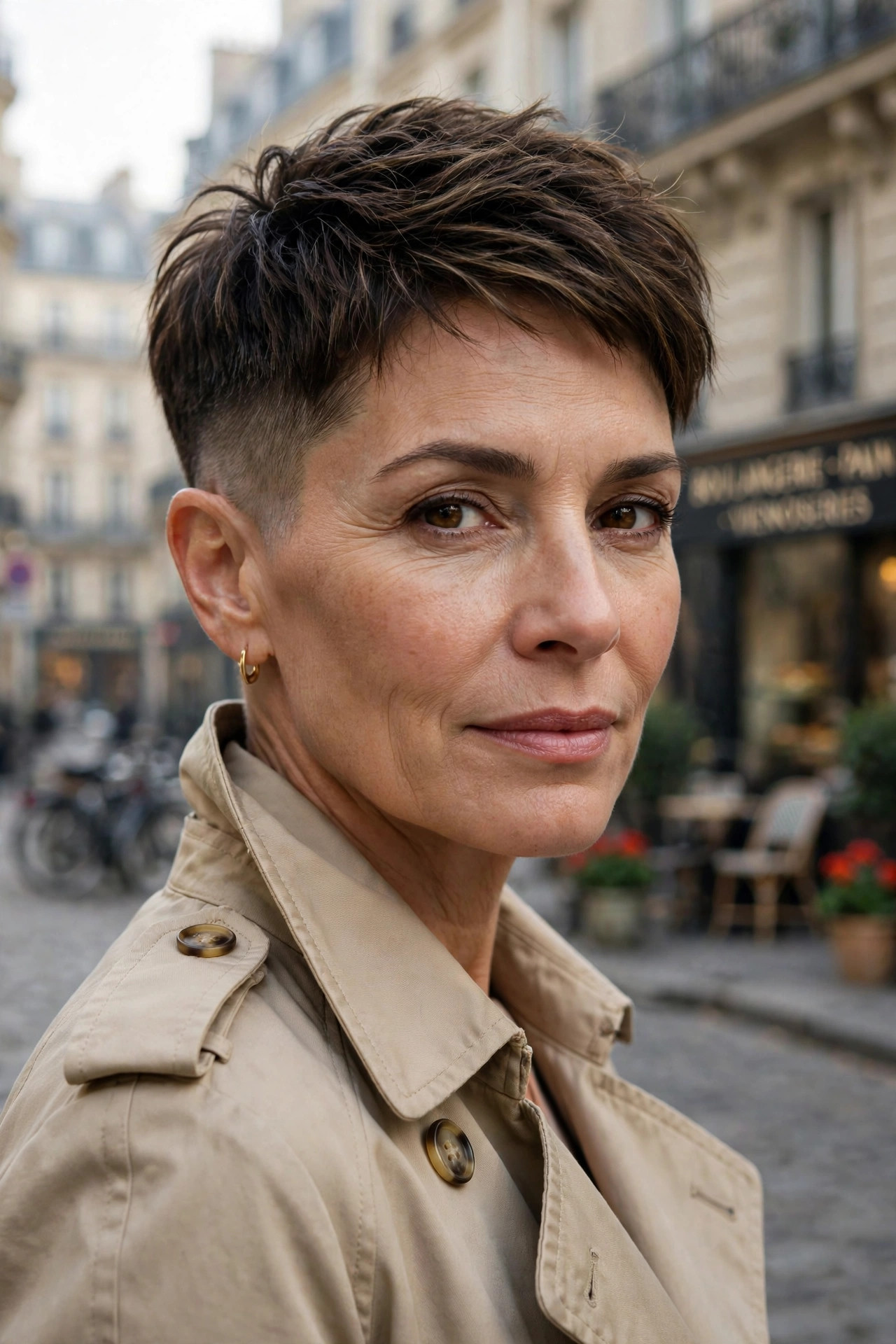 Low fade pixie with fuller textured top in dark brown