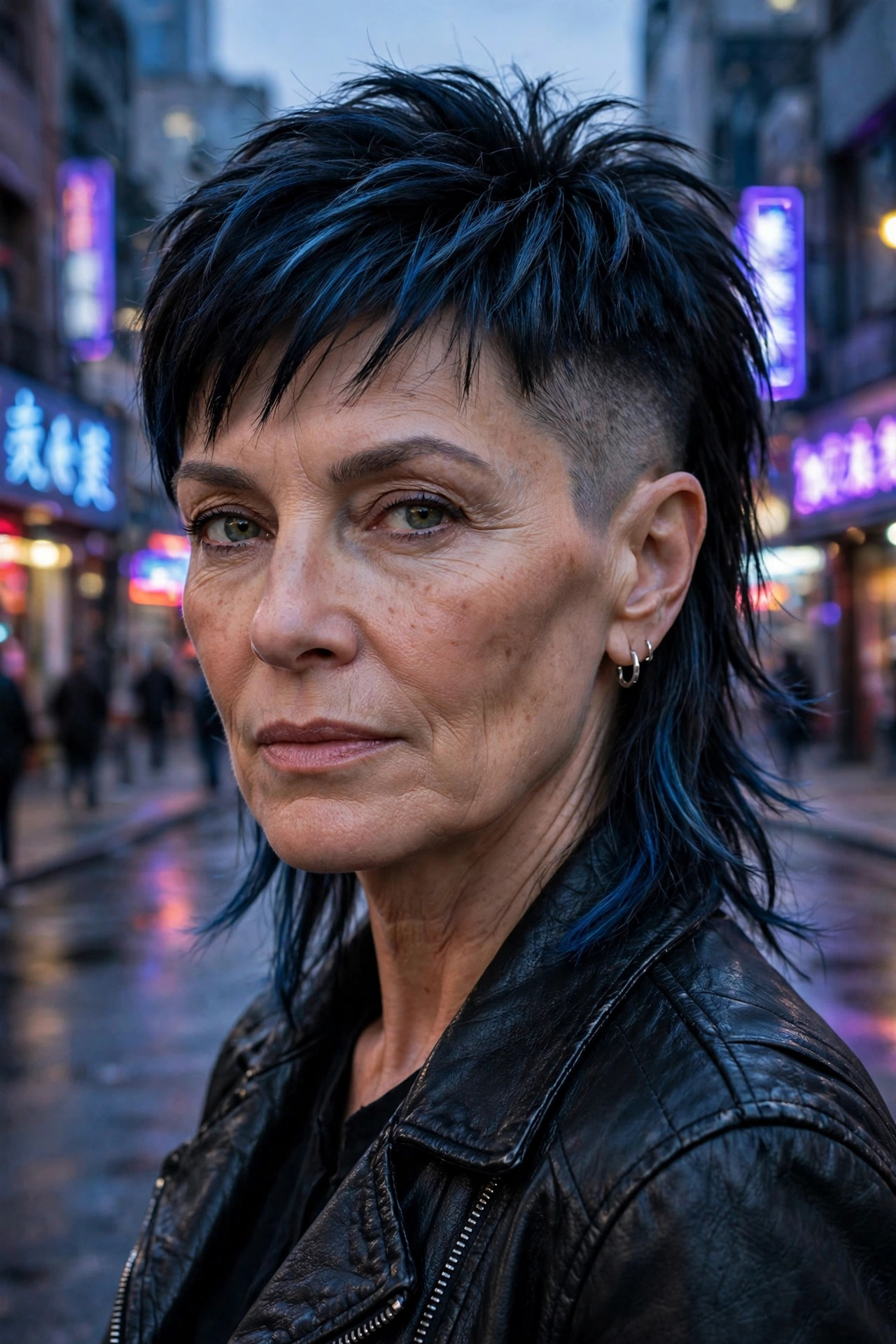 Mullet fade pixie with longer nape in jet black with blue undertones