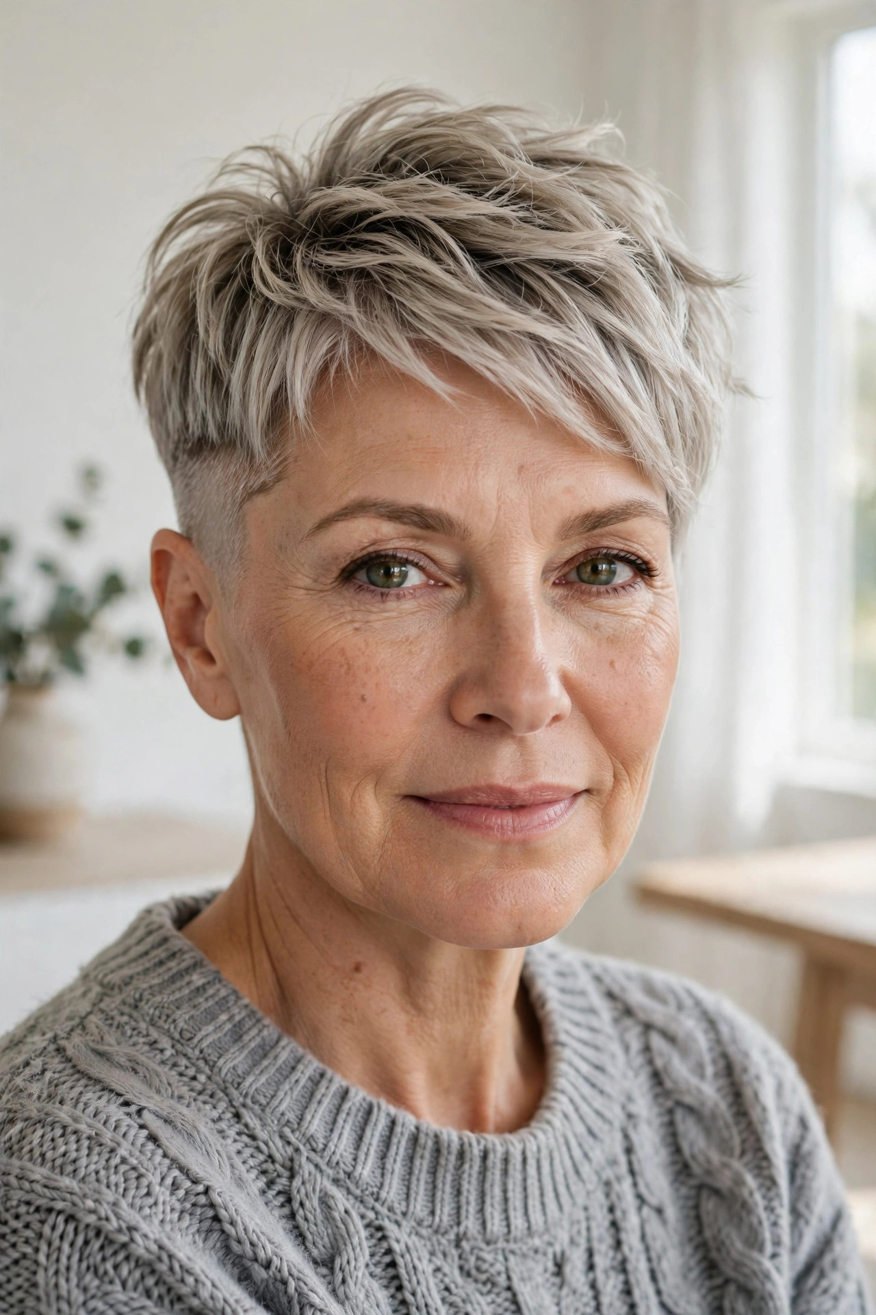 Ash blonde pixie with close shaved sides and smoky dimension