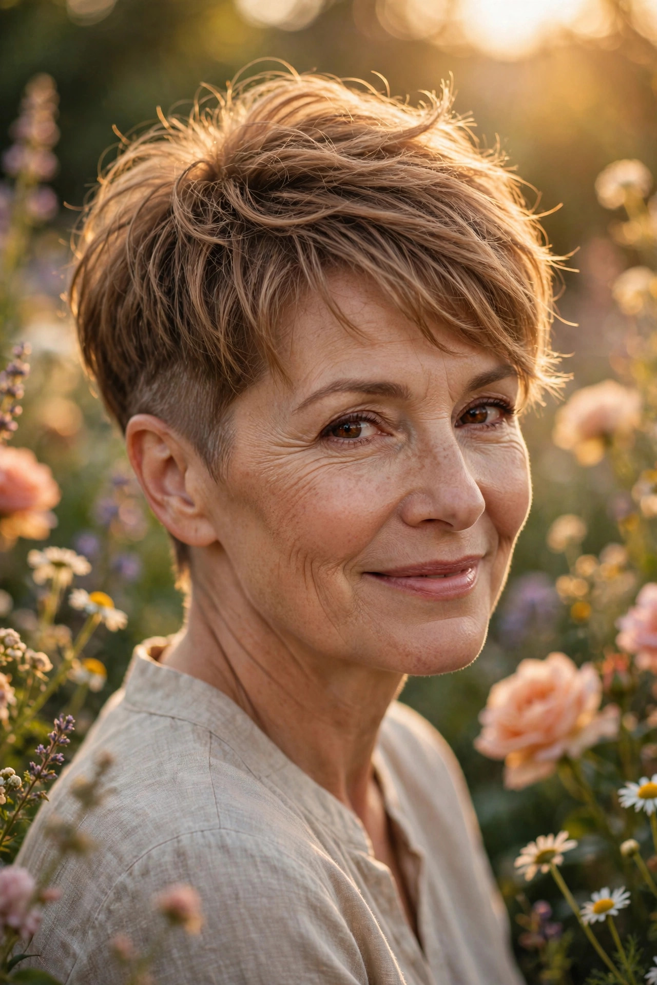 Soft wispy undercut pixie with gentle fade in honey brown