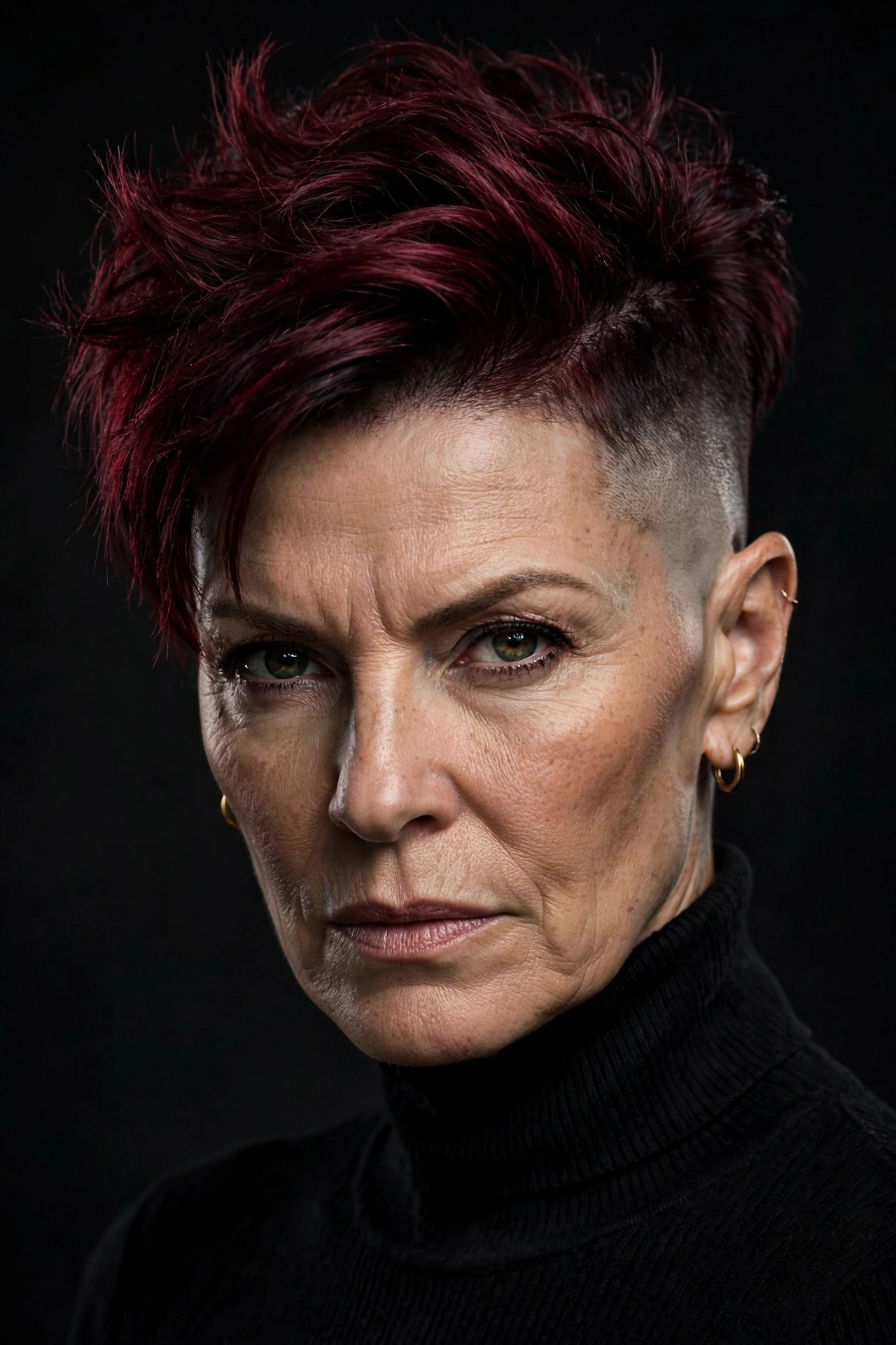 High fade pixie with dramatic sides and deep burgundy crown