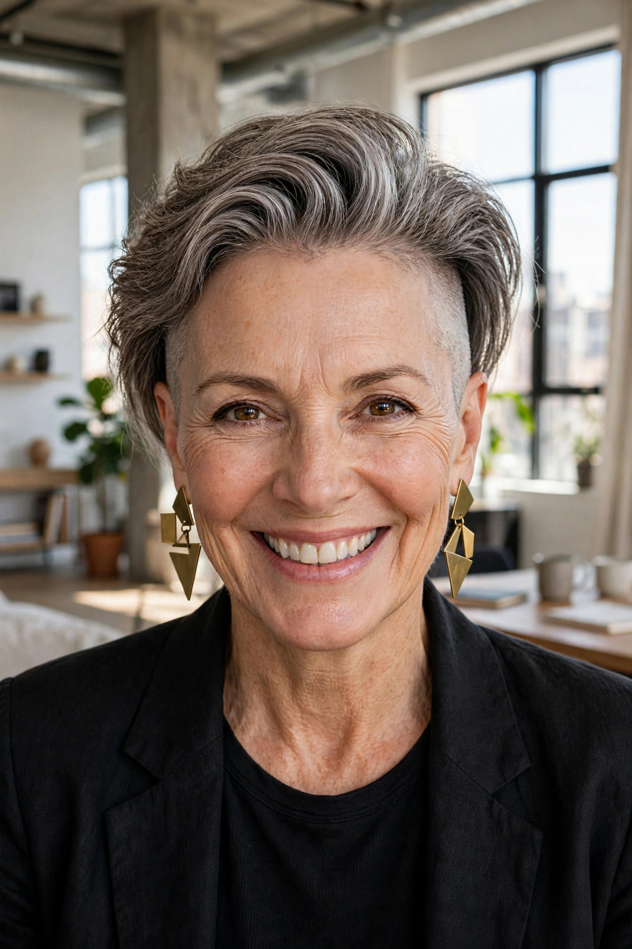 Temple-shaved pixie with voluminous salt-and-pepper top swept back