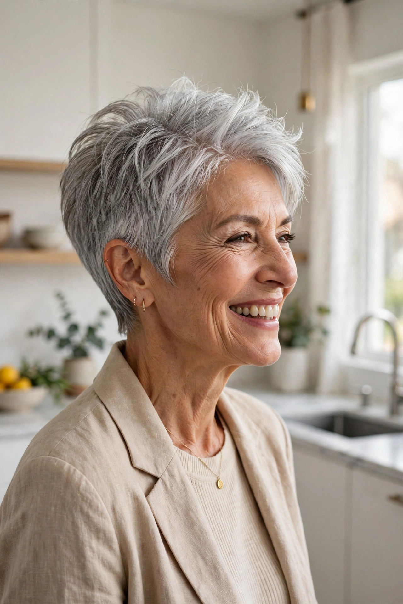 Silver fox crop with gleaming metallic gray hair, one of the most elegant short pixie haircuts for older women