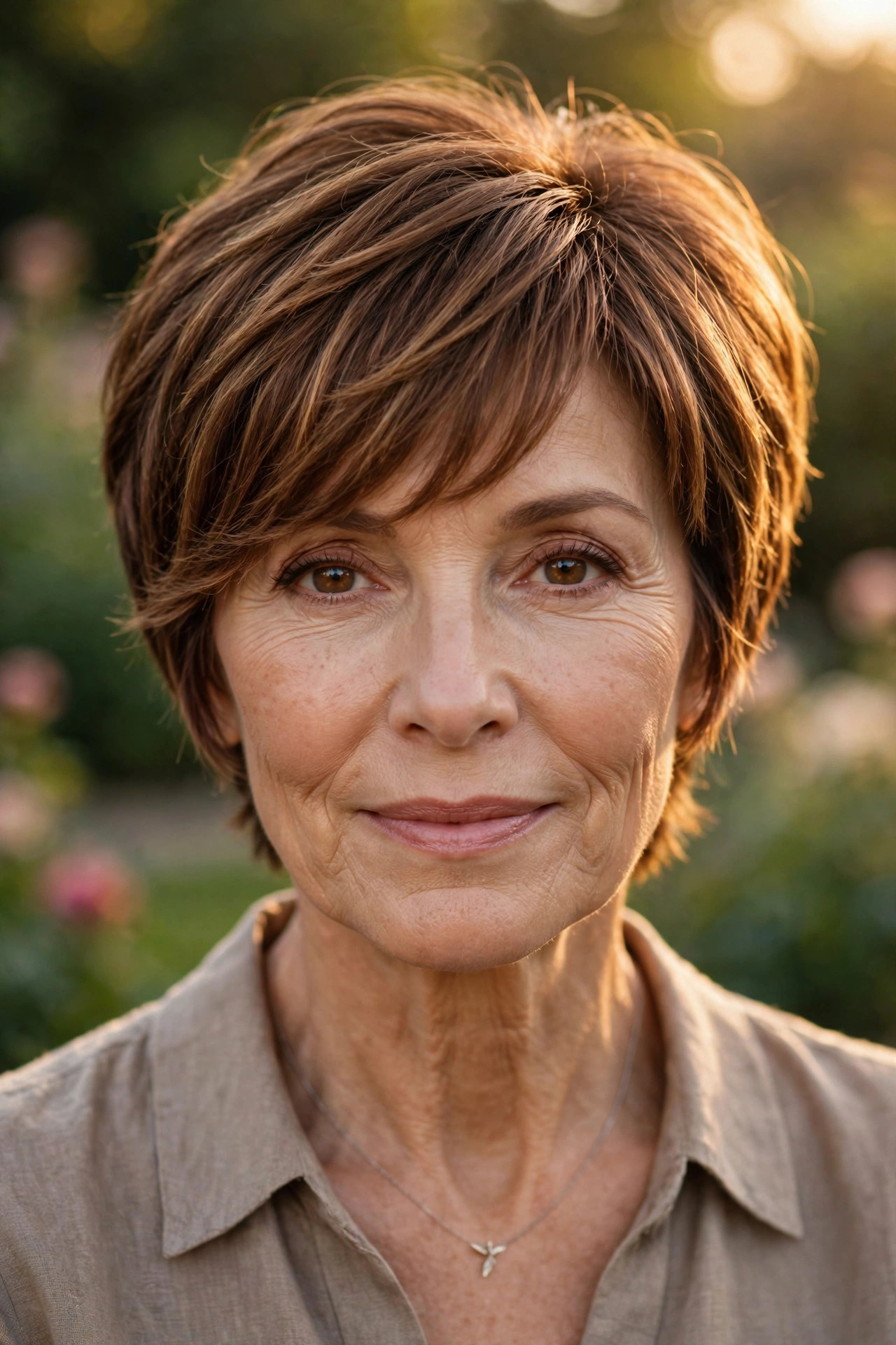 Side-swept layered pixie in warm chestnut brown with caramel highlights, a flattering short pixie haircut for older women