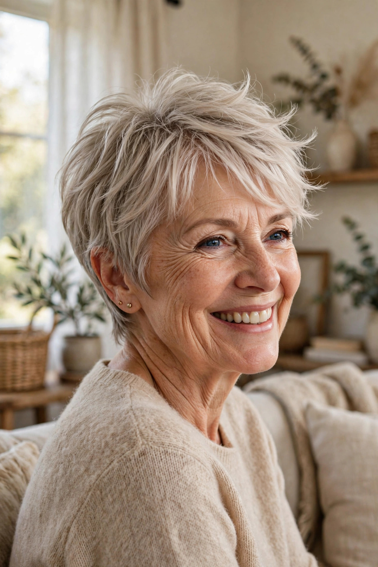 Feathered fringe pixie in soft ash blonde with wispy ends, among the softest short pixie haircuts for older women