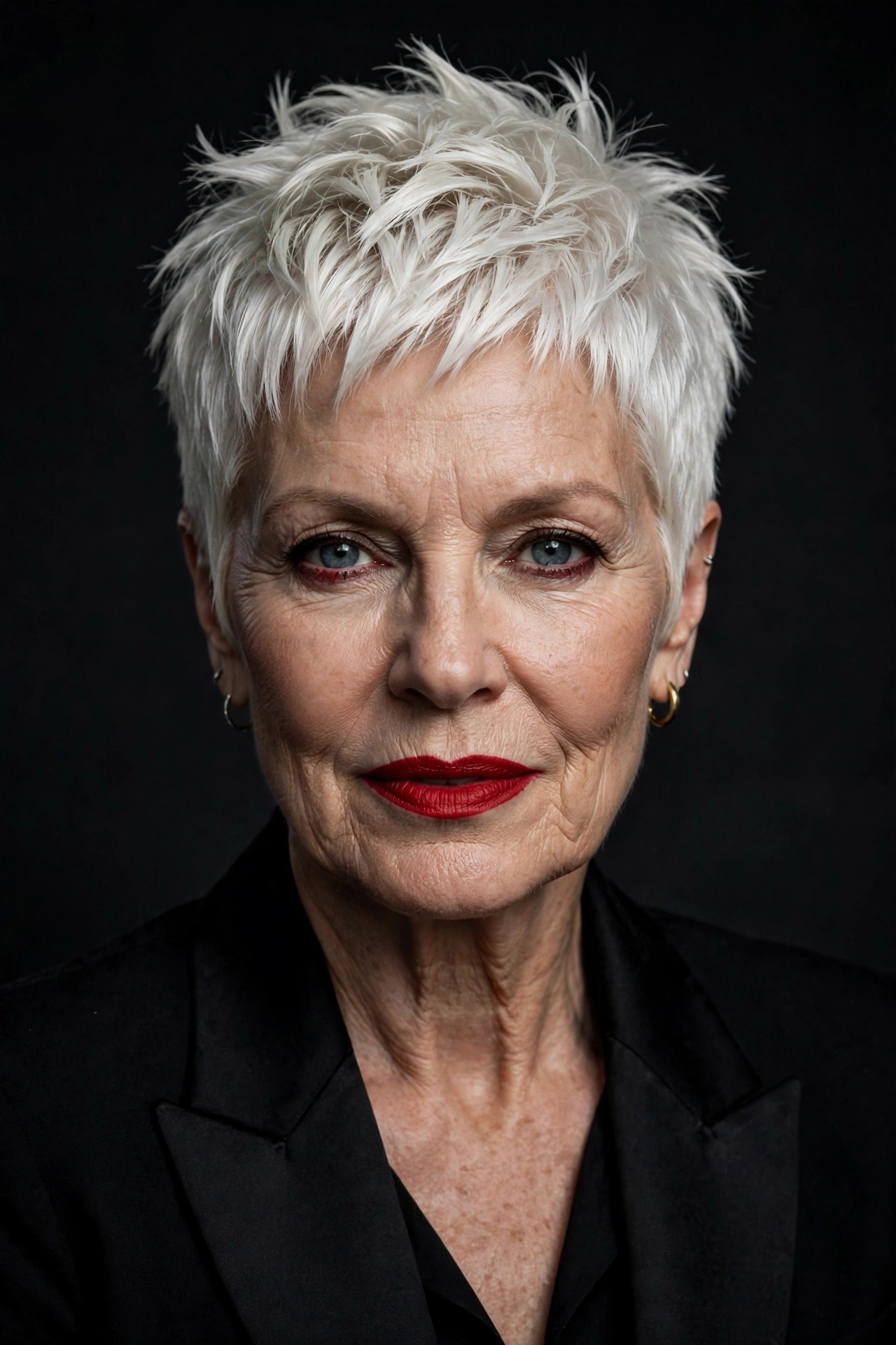 Bold platinum pixie with icy white-blonde texture, an edgy short pixie haircut for older women